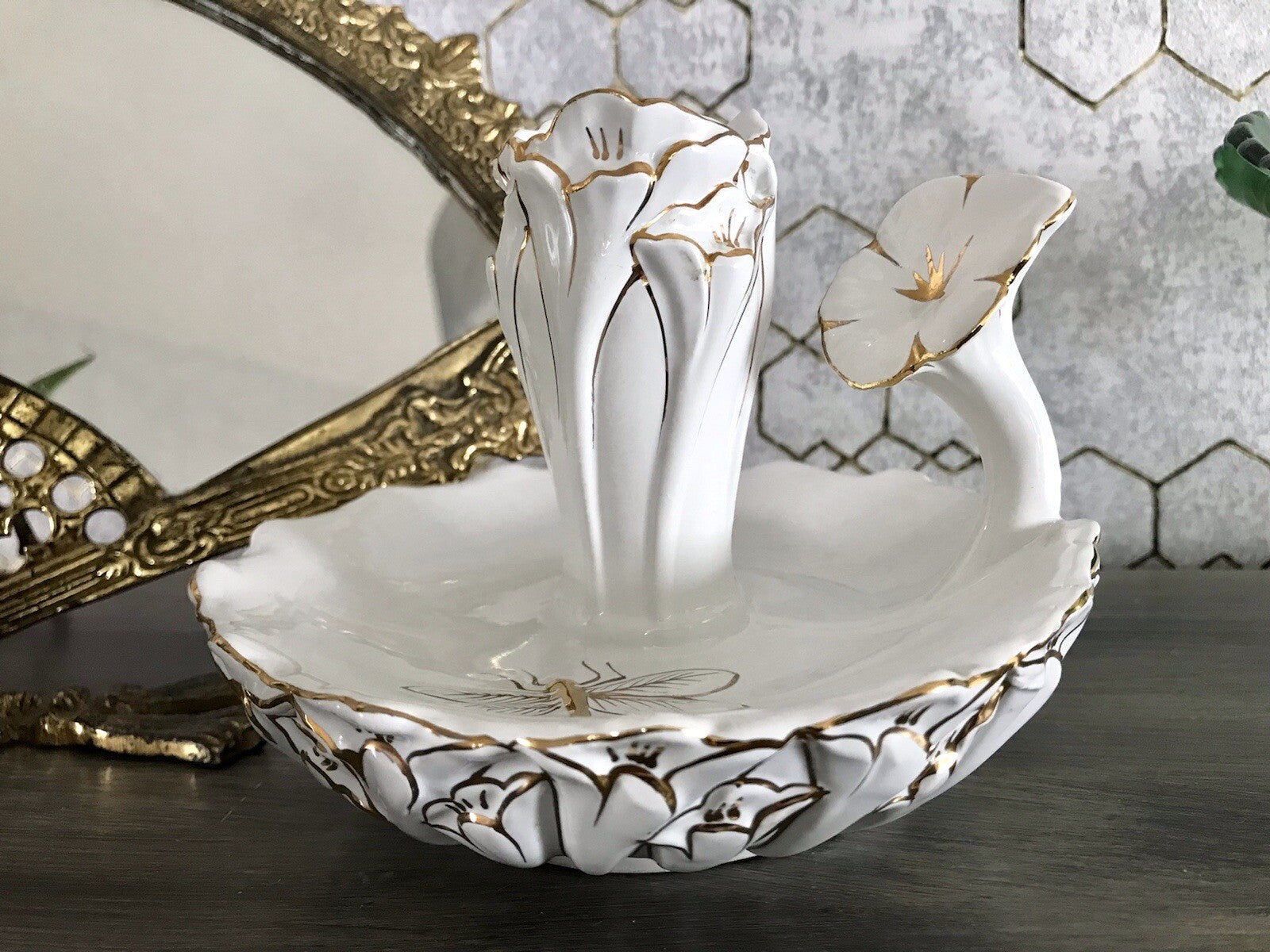 Antik reines Jugendstil Porzellan Kammerleuchter Leuchter weiß gold Libelle