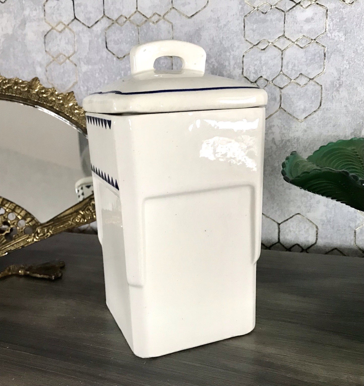 Antik Jugendstil Vorratsgefäß Nudeln Gefäß Vorratsdose weiß Porzellan creme blau