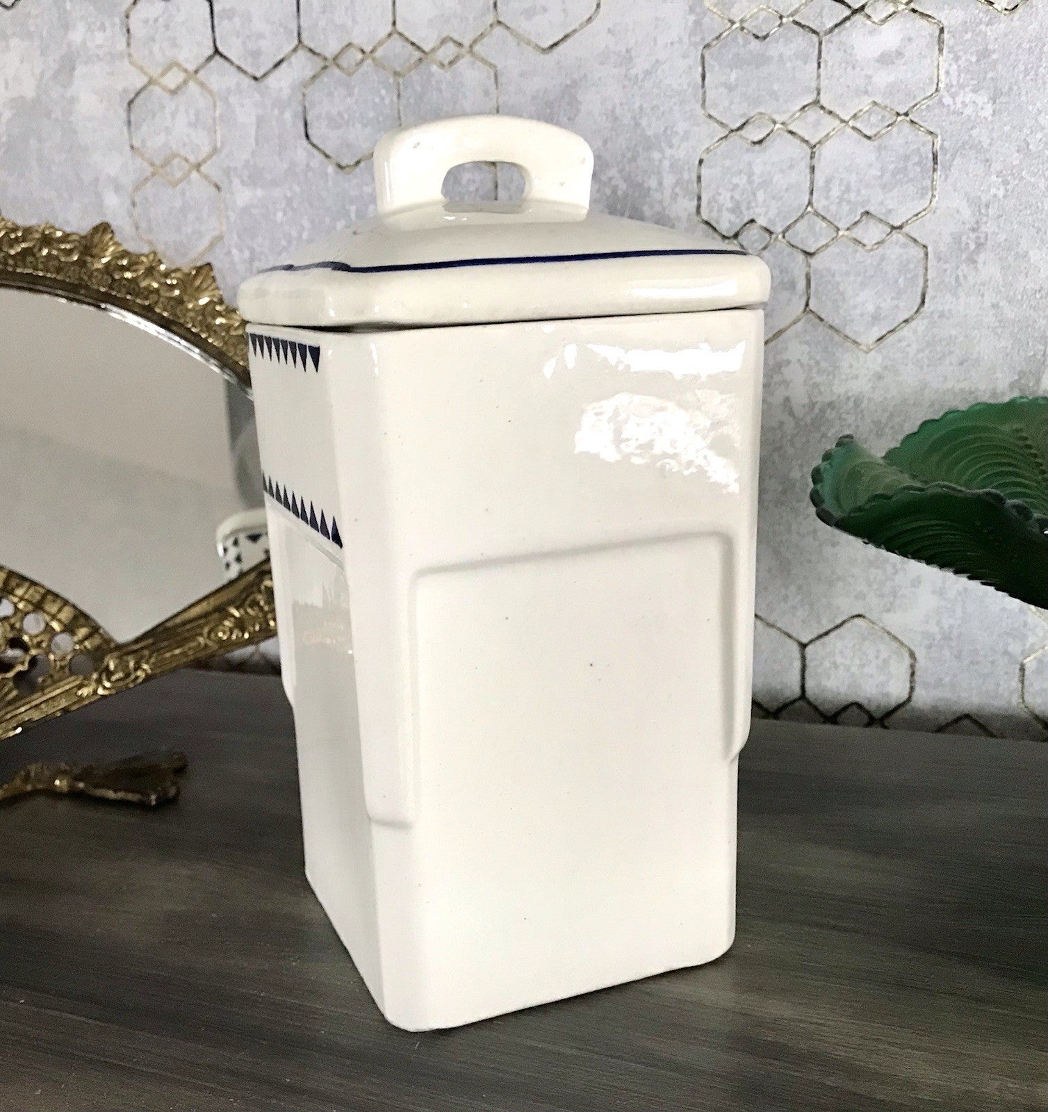 Antik Jugendstil Vorratsgefäß Nudeln Gefäß Vorratsdose weiß Porzellan creme blau