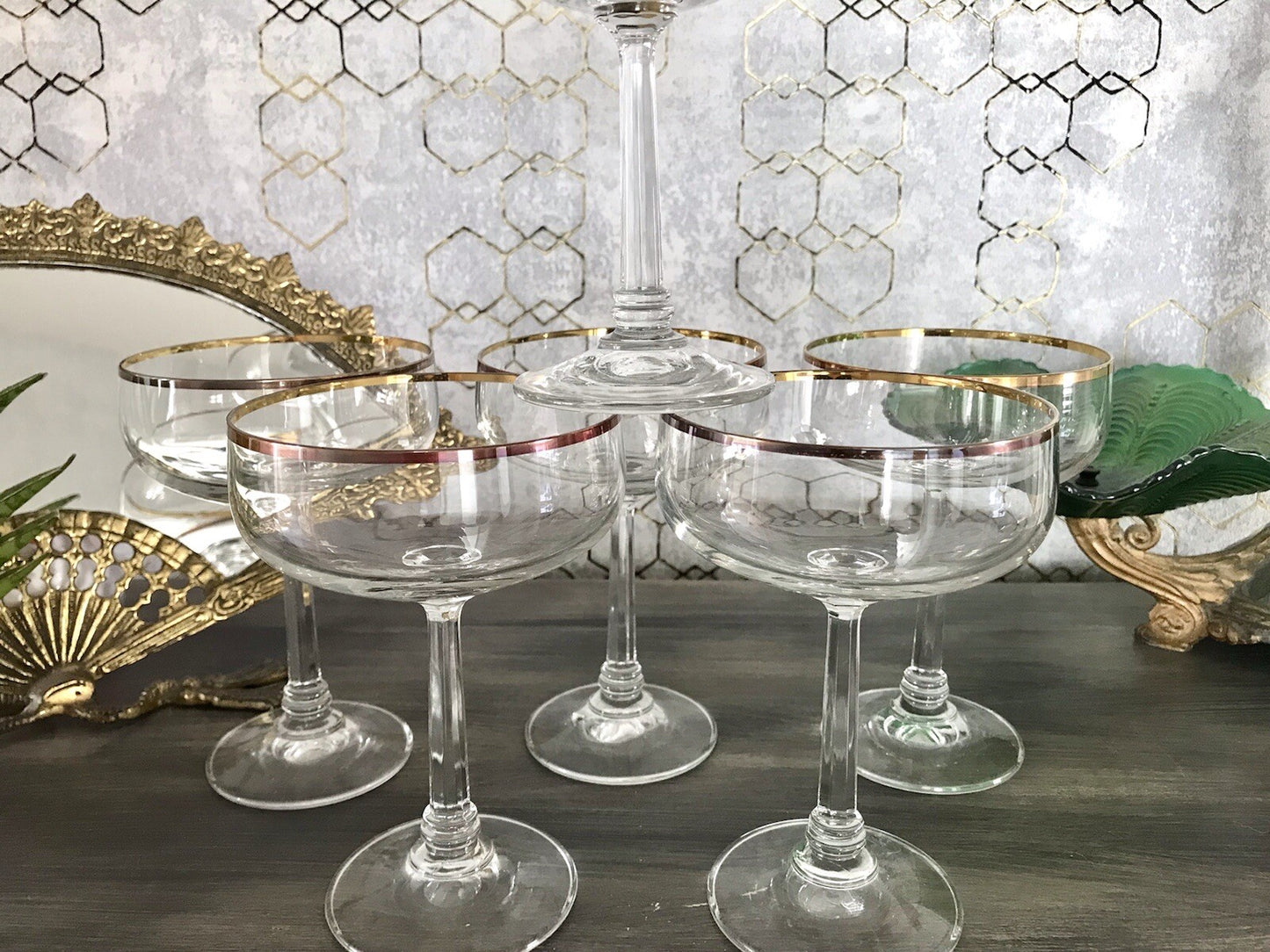 Antik? Art Déco 6 x Champagnerschalen Sekt Gläser Goldrand Lausitzer? Crystal