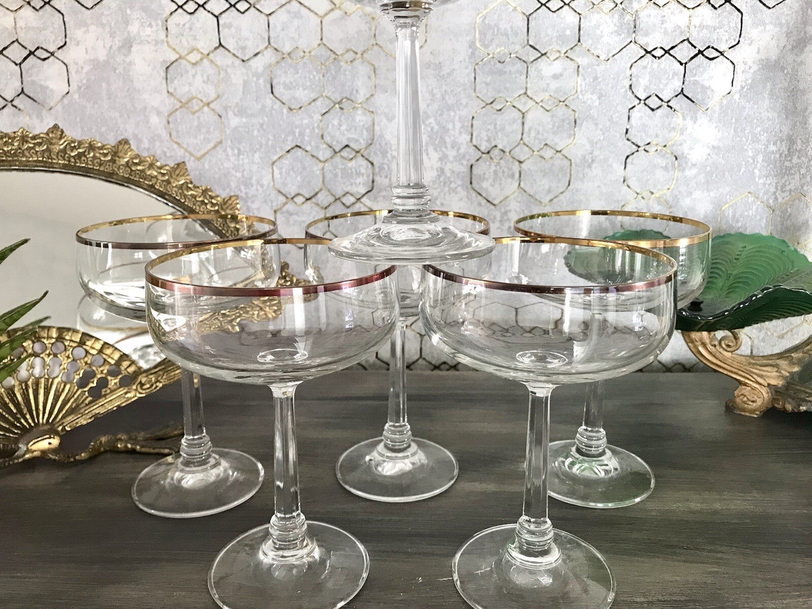 Antik? Art Déco 6 x Champagnerschalen Sekt Gläser Goldrand Lausitzer? Crystal