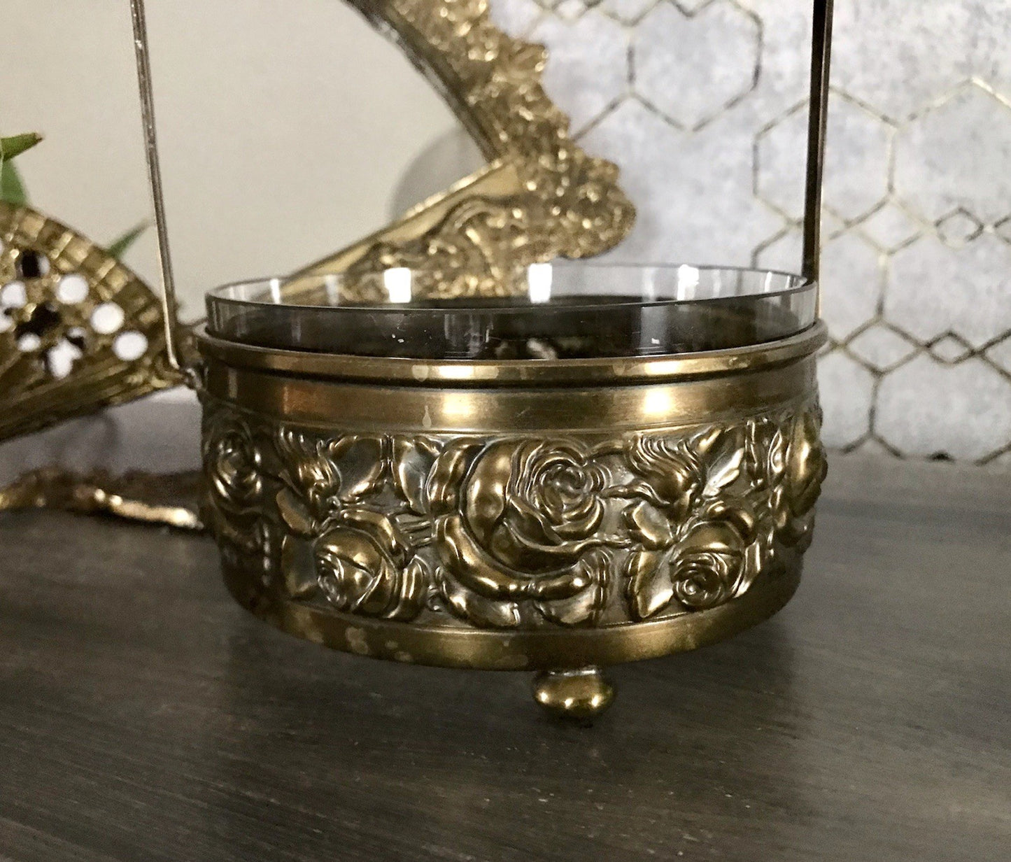 Antik Jugendstil Art  Déco Messing Montur Rosen Schale Bonboniere Glaseinsatz