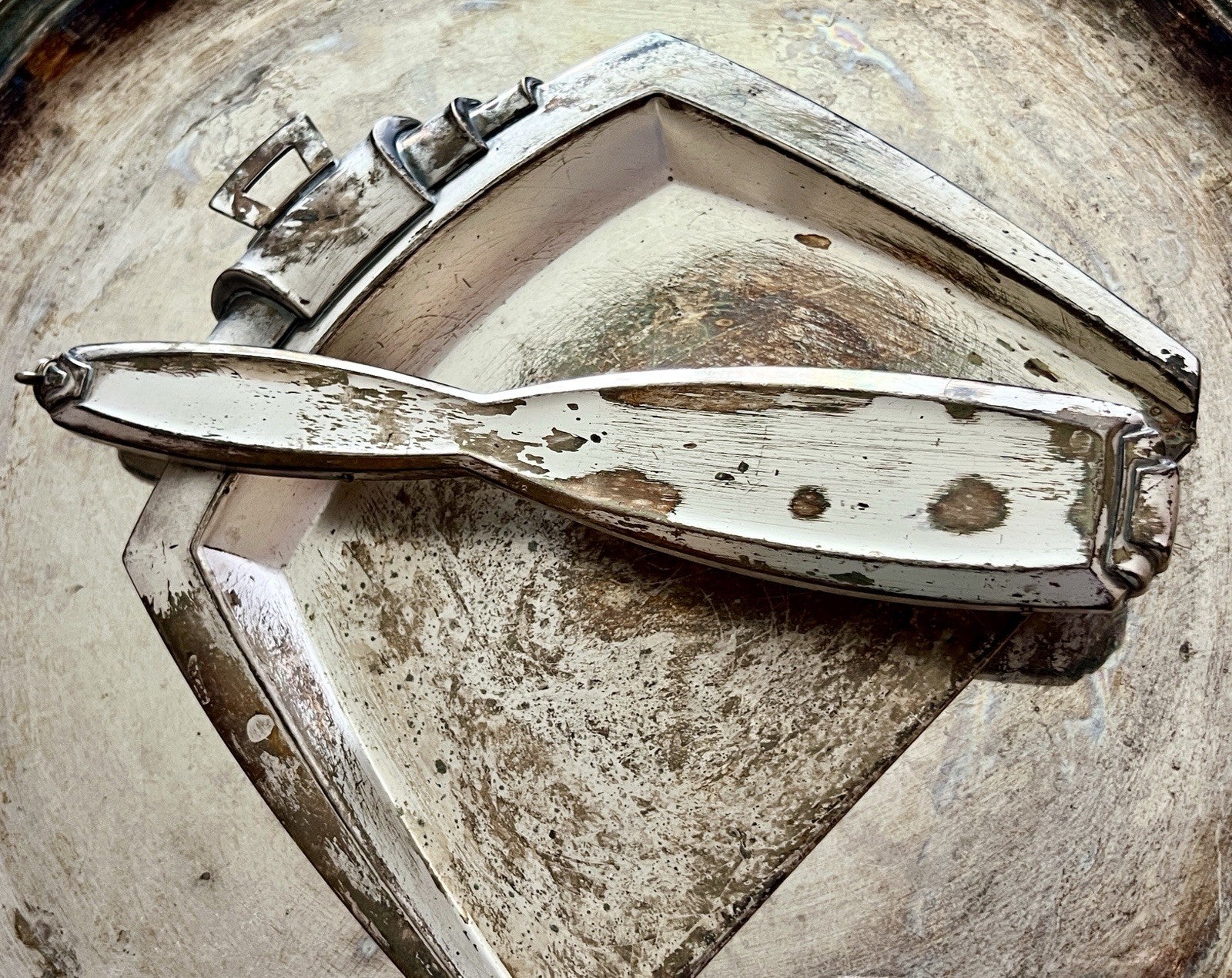 Antik Art Deco Tisch Kehrset Kehrgarnitur Krümmelkehrer versilbert Bauhaus