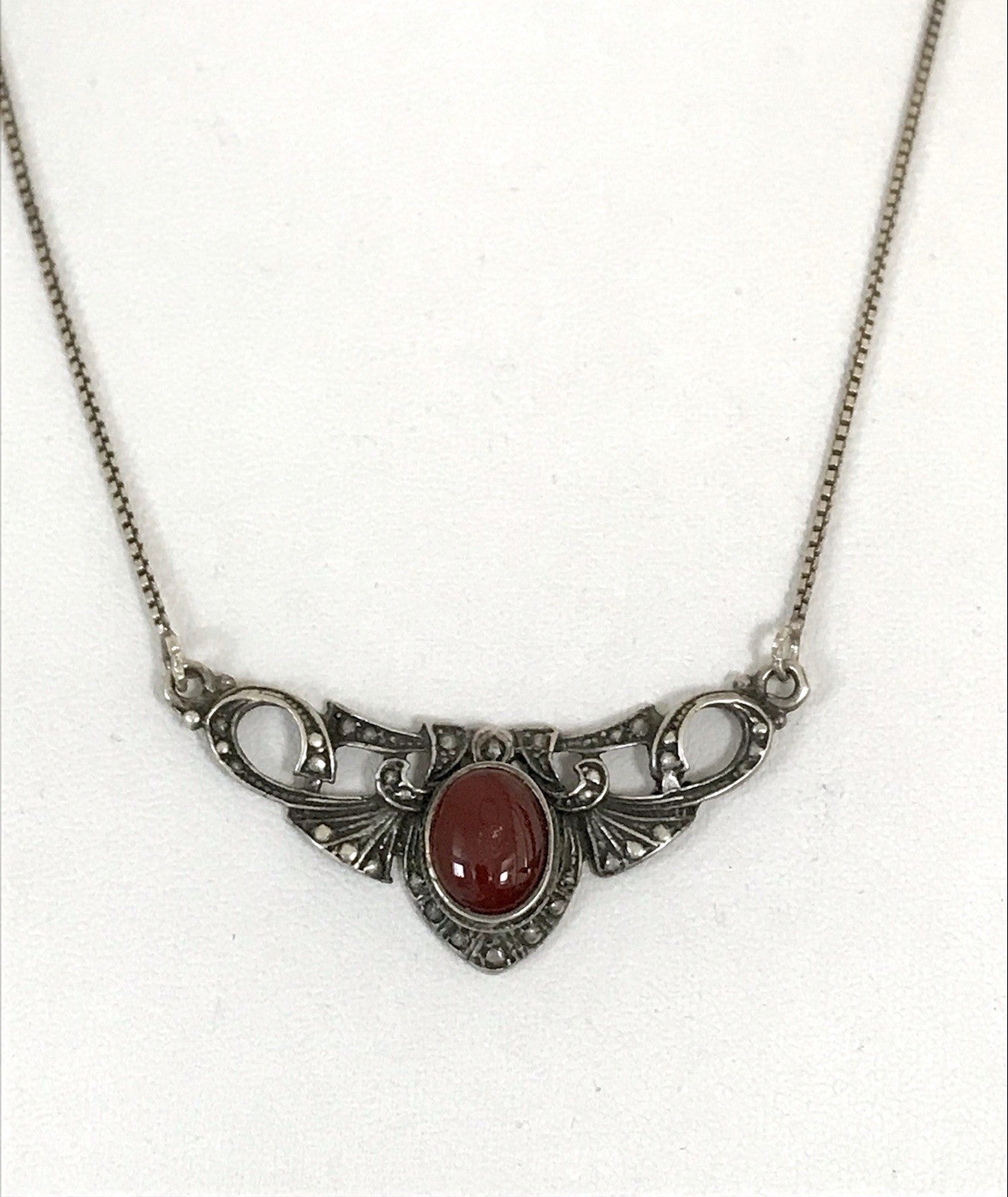 Antik Jugendstil Art Déco 925 Silber Collier Halskette Karneol Granulierungen