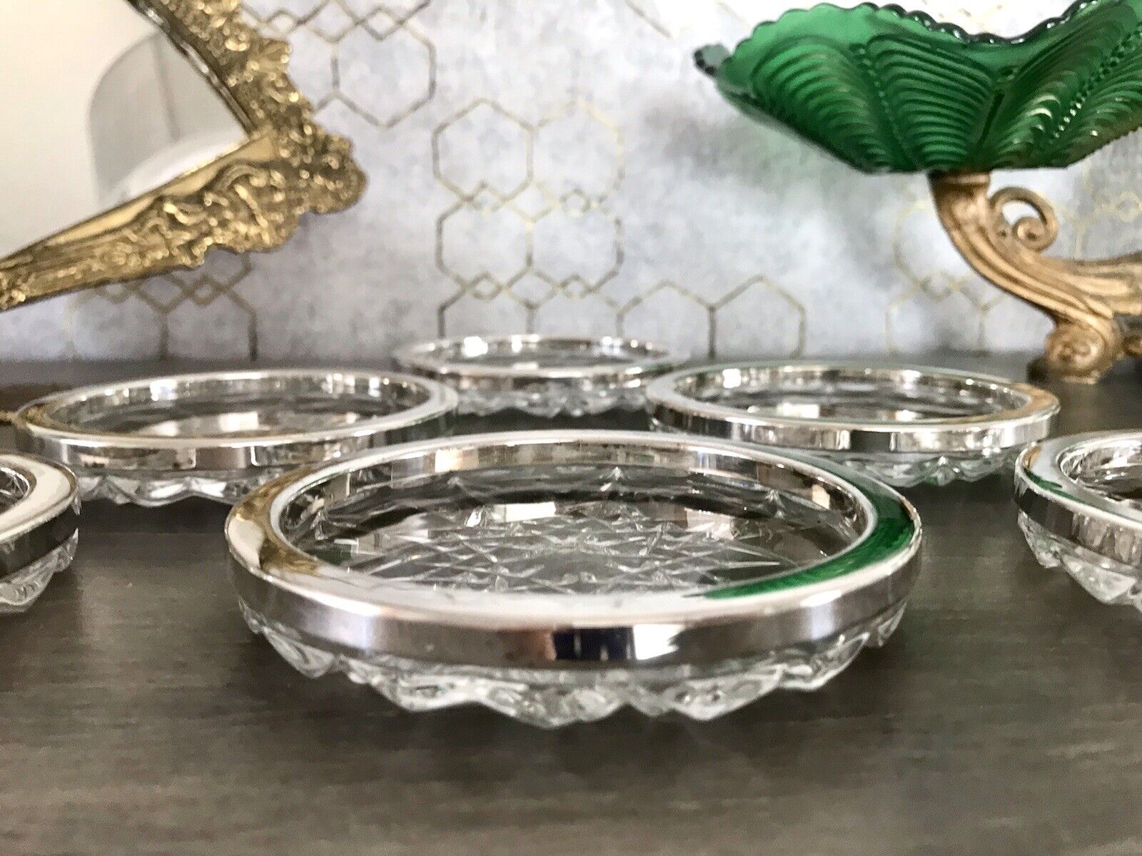 Vintage 6x Untersetzer für Weingläser Glas Kristallglas Bleikristall versilbert