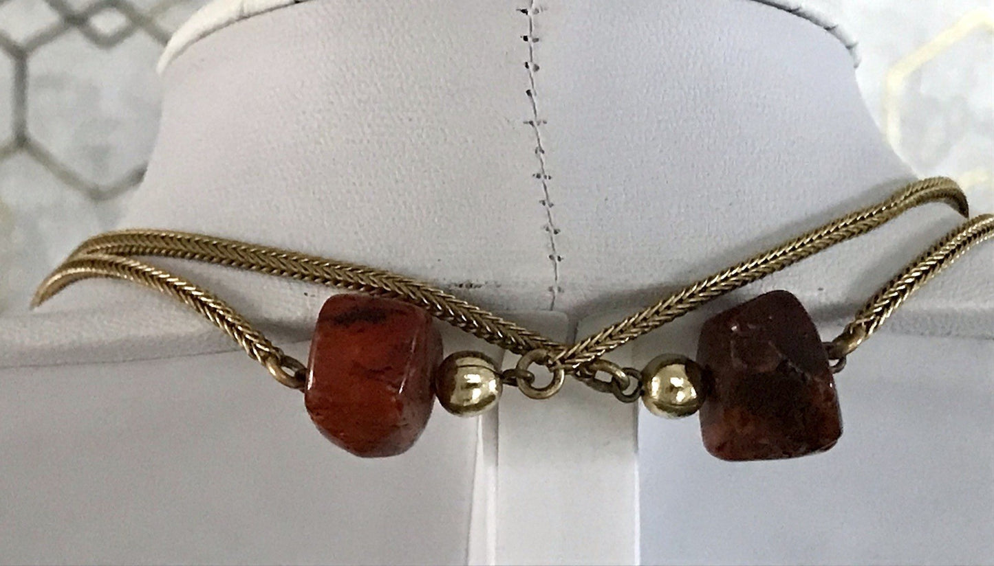 Vintage 60er Halskette Amerik. Doublè gold Steine Bernstein? Achate? SCHÖN