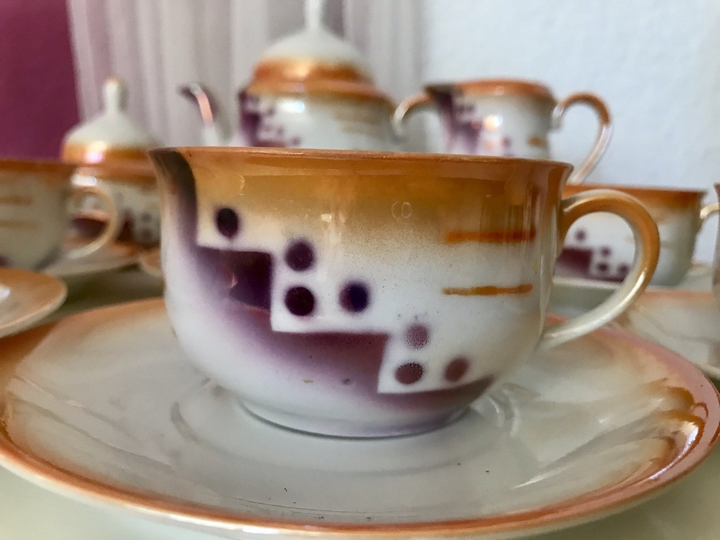 Antik Art Déco Porzellan Kaffeeservice Spritzdekor Teeservice 6 Pers.