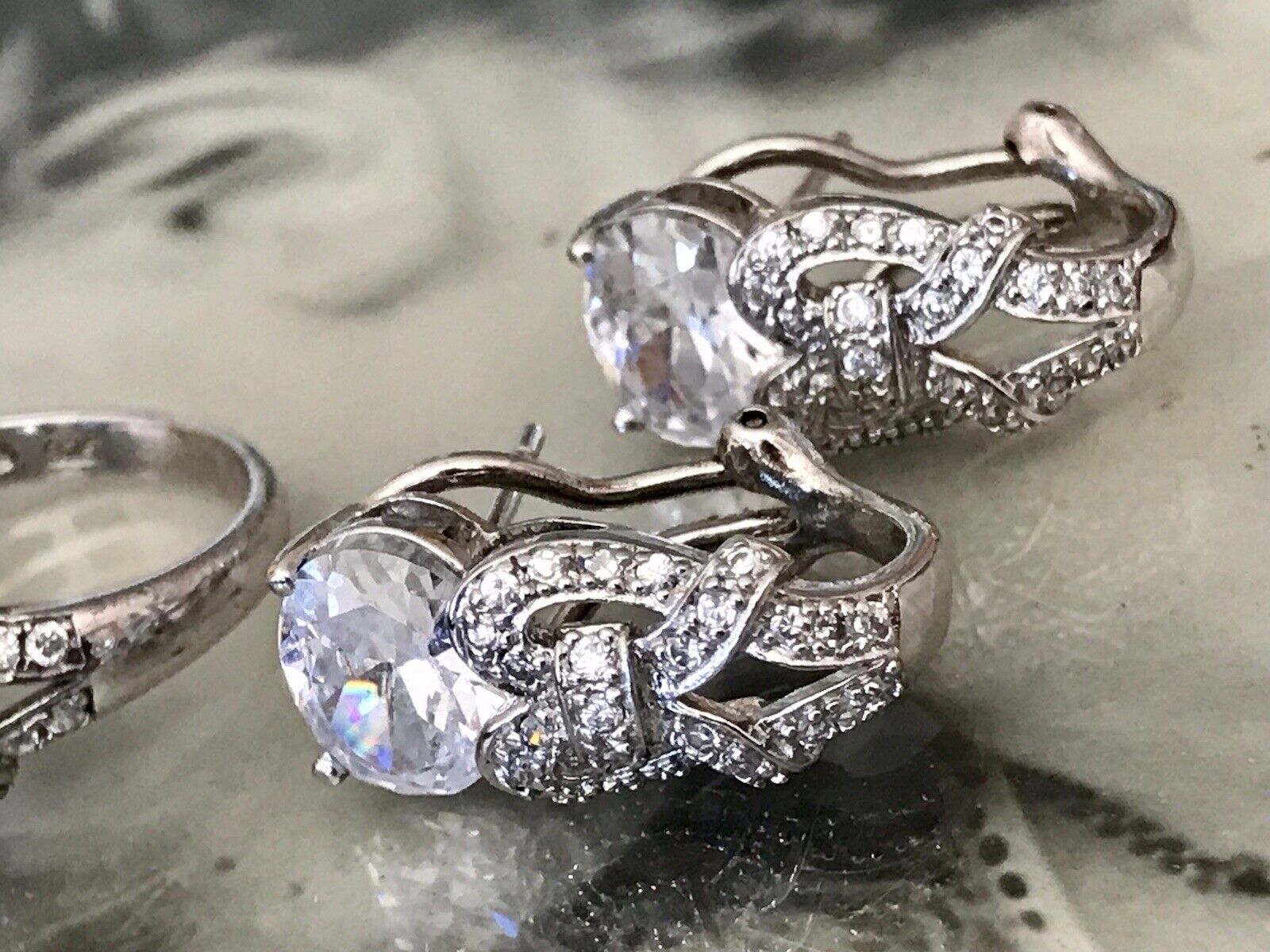 Edel Schmuck Set DAMEN RING & Ohrringe Silber 925 Gr.63 Steine Cubic Zirkonia