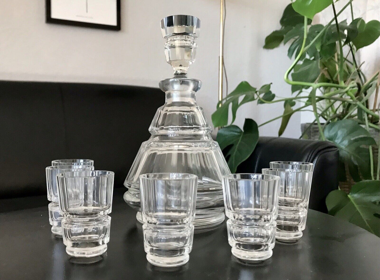 Antik 1930 Art Déco Karaffe Likör Set 7 Gläser Entwurf J.Hoffmann f. Moser&Söhne