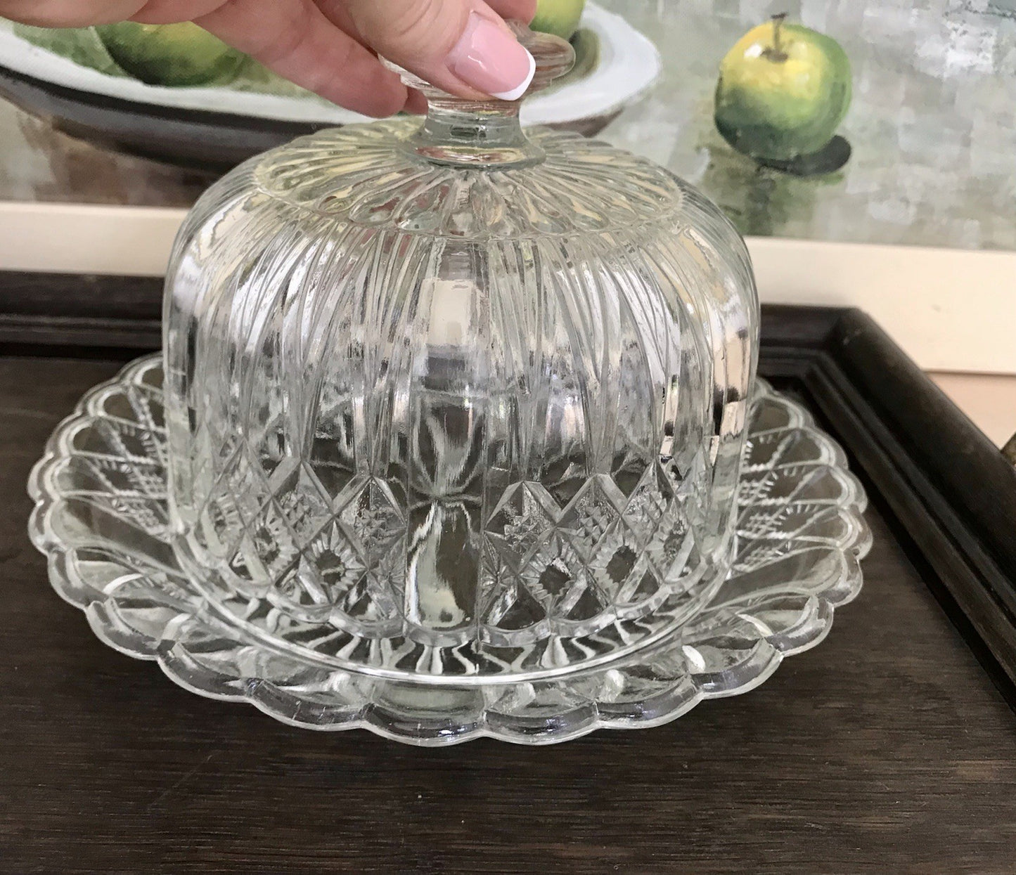 Antik Art Déco Glas Pressglas Käseglocke Butterglocke Glas