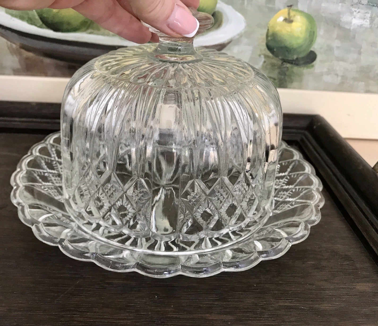 Antik Art Déco Glas Pressglas Käseglocke Butterglocke Glas