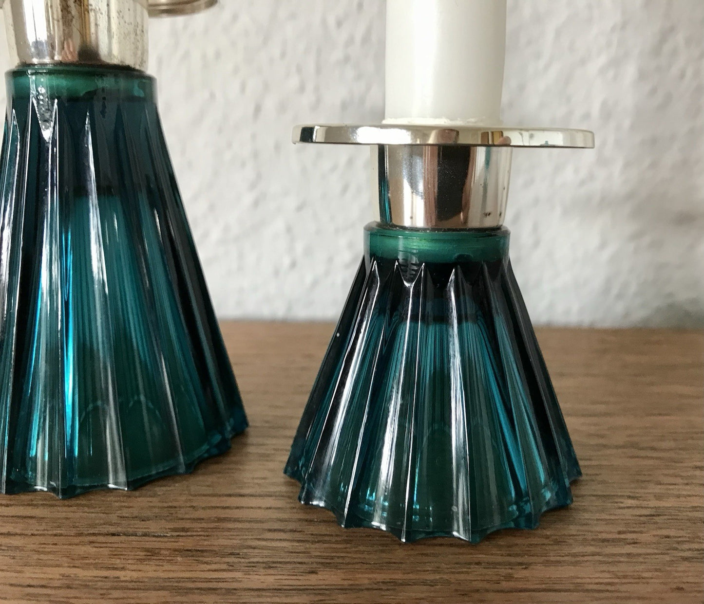 Vintage alt WMF 2 Leuchter Glas türkis versilbert Wagenfeld Ära