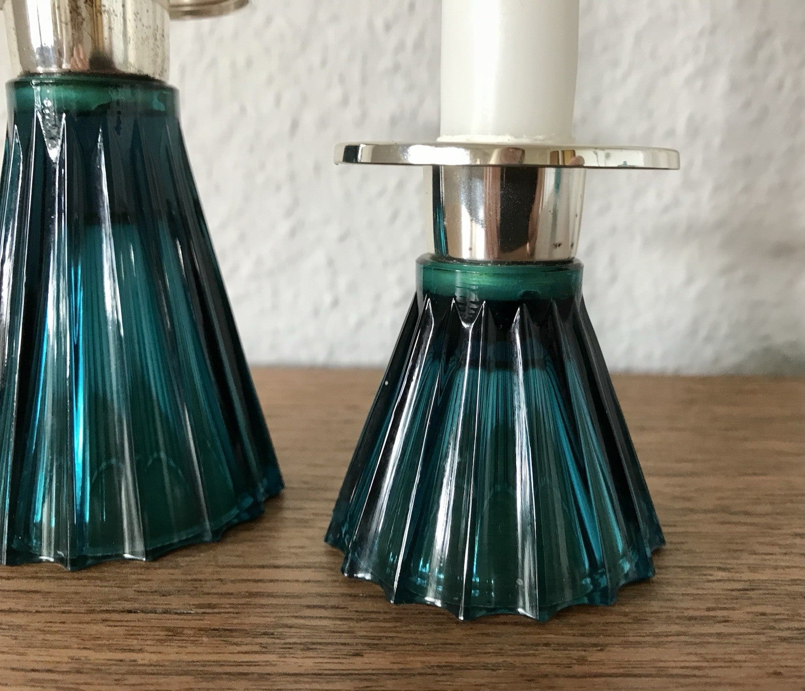 Vintage alt WMF 2 Leuchter Glas türkis versilbert Wagenfeld Ära