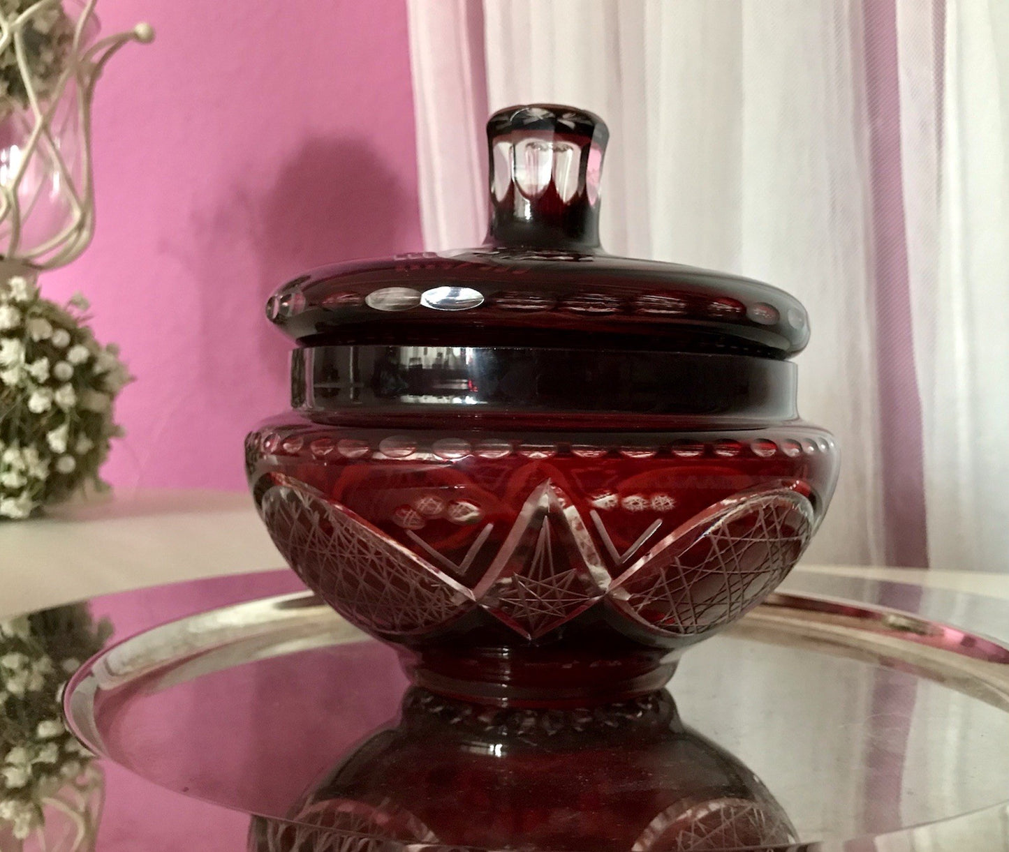 Vintage EDEL Glasdose Deckeldose Bonboniere Kristallglas Schliff Rubin Rot