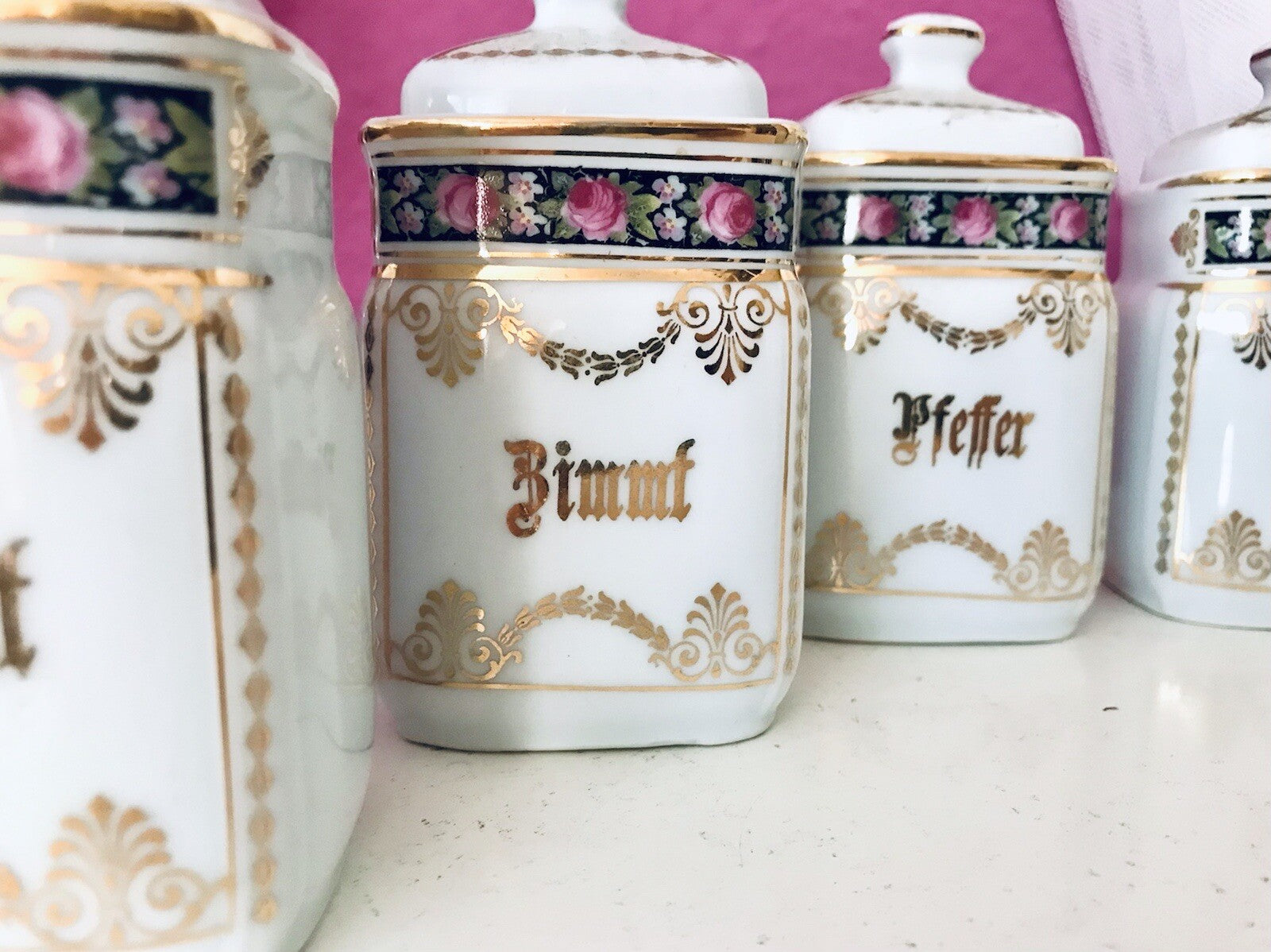 Antik 6x Porzellan Dose Vorratsdosen Gewürze Rosen Golddekor Jugendstil