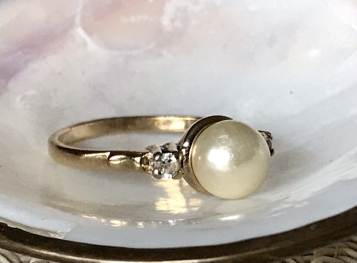 Antik Alt Edel DAMEN RING Silber 925 Perle farblose Steine Gr.58 18,4 vergoldet