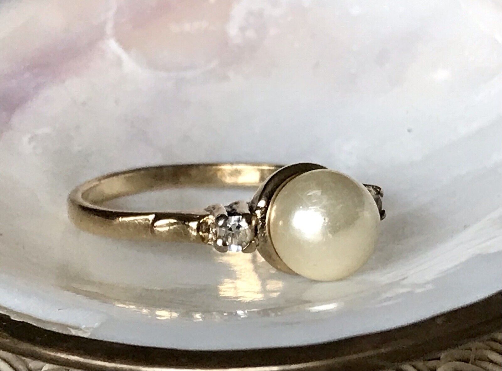Antik Alt Edel DAMEN RING Silber 925 Perle farblose Steine Gr.58 18,4 vergoldet