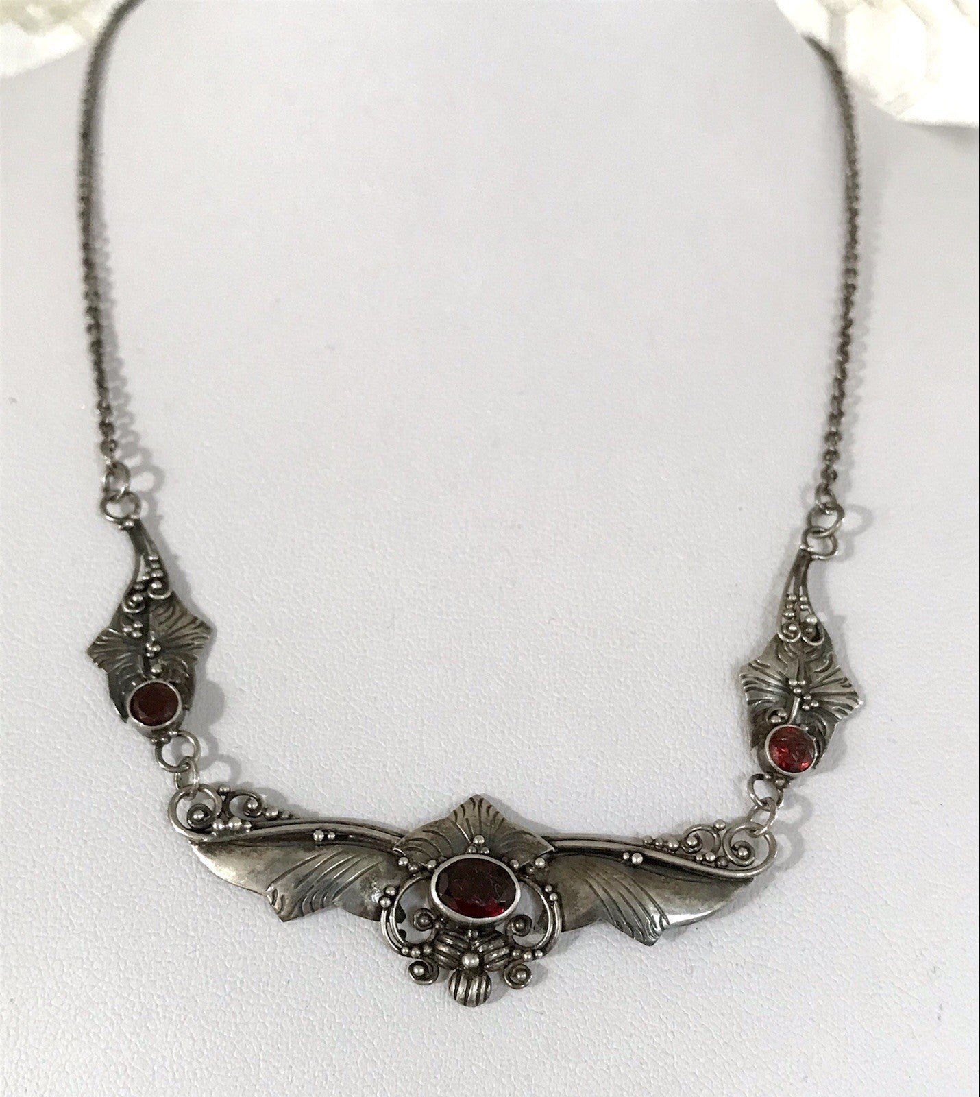 Antik 925 Sterling Silber Collier Halskette Kette rote Steine Granate?