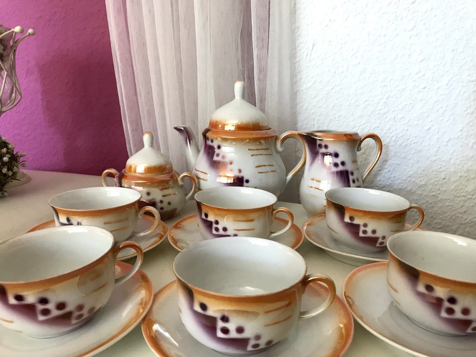 Antik Art Déco Porzellan Kaffeeservice Spritzdekor Teeservice 6 Pers.
