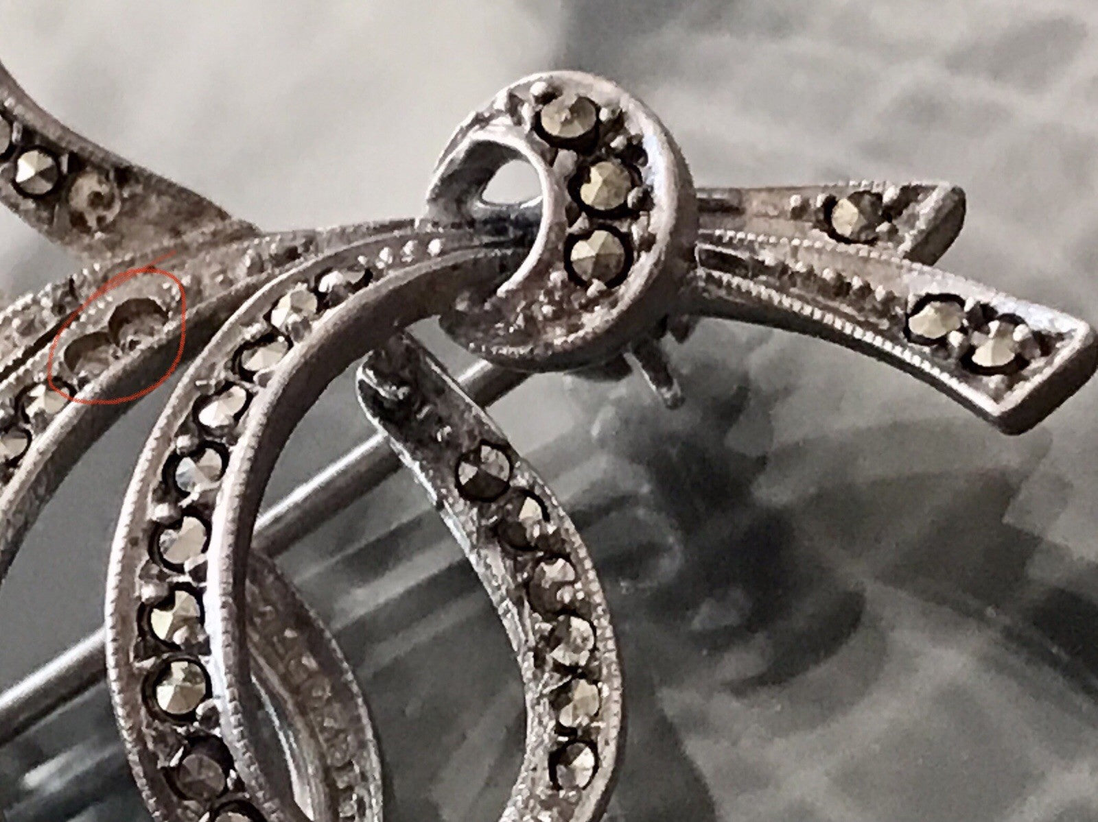 Antik Art Déco Edel prachtvoll Brosche Silber 835 Markasite