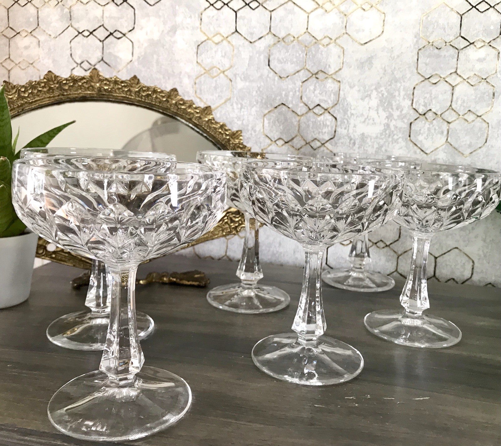Vintage 9x Champagnerschalen Sektschalen Kristallglas Schliff Bleikristall