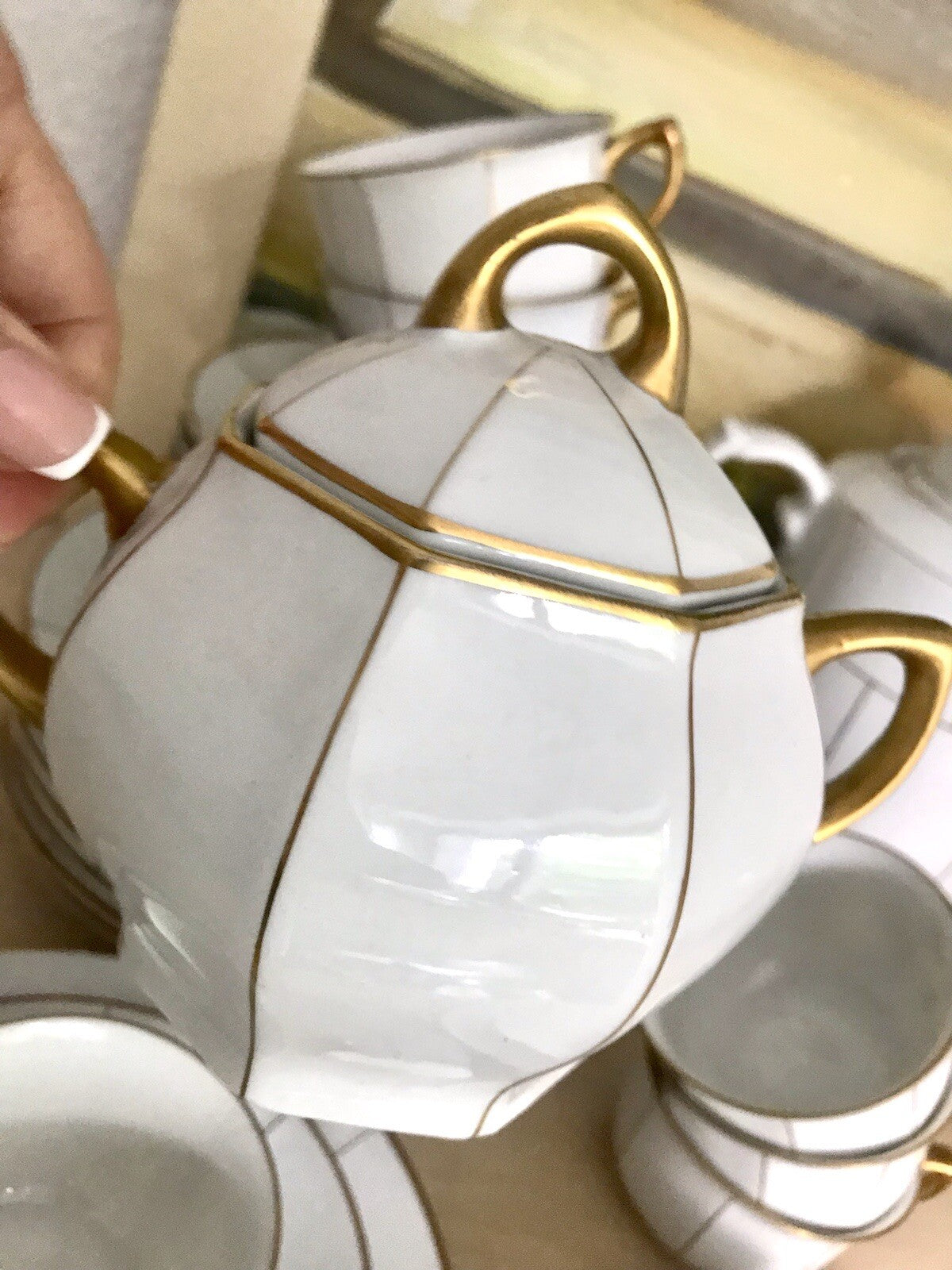 Antik Art Déco Porzellan 10+ Personen Kaffeeservice EDEL weiß Golddekor kantig