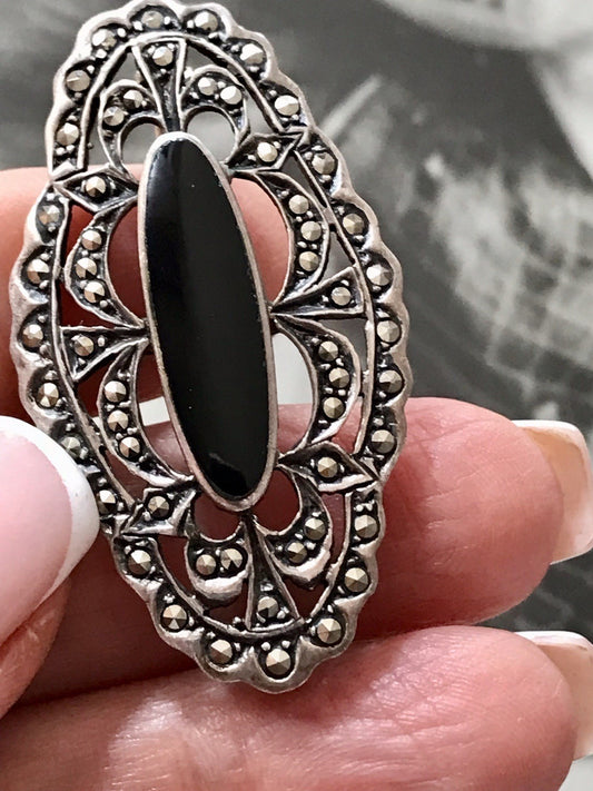 Antik Art Déco Edel Silber 925er Markasiten Onyx Edel Brosche