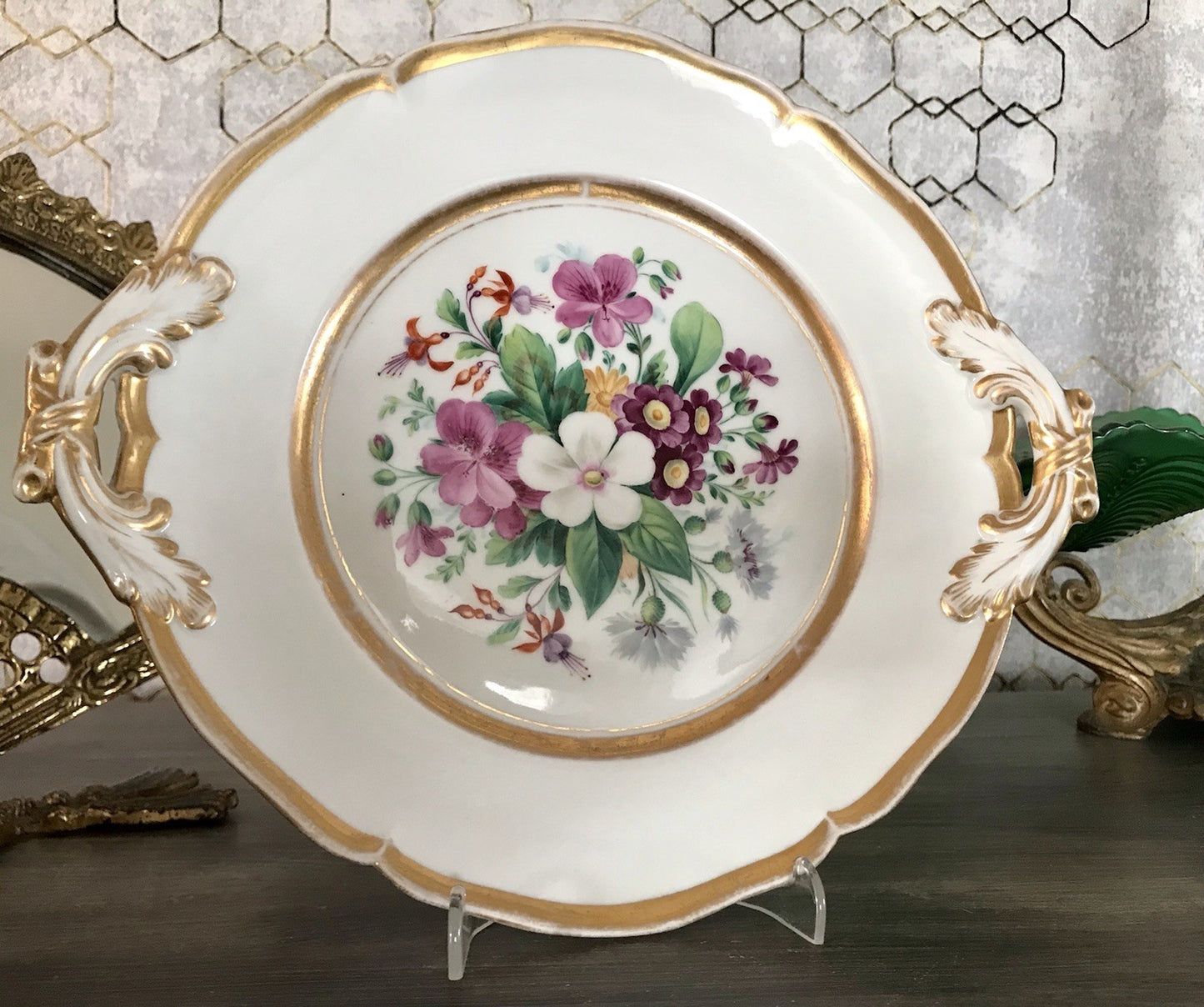 Antik Tielsch Porzellan Schale Zierschale Prunkschale um 1860 Blumenmalerei