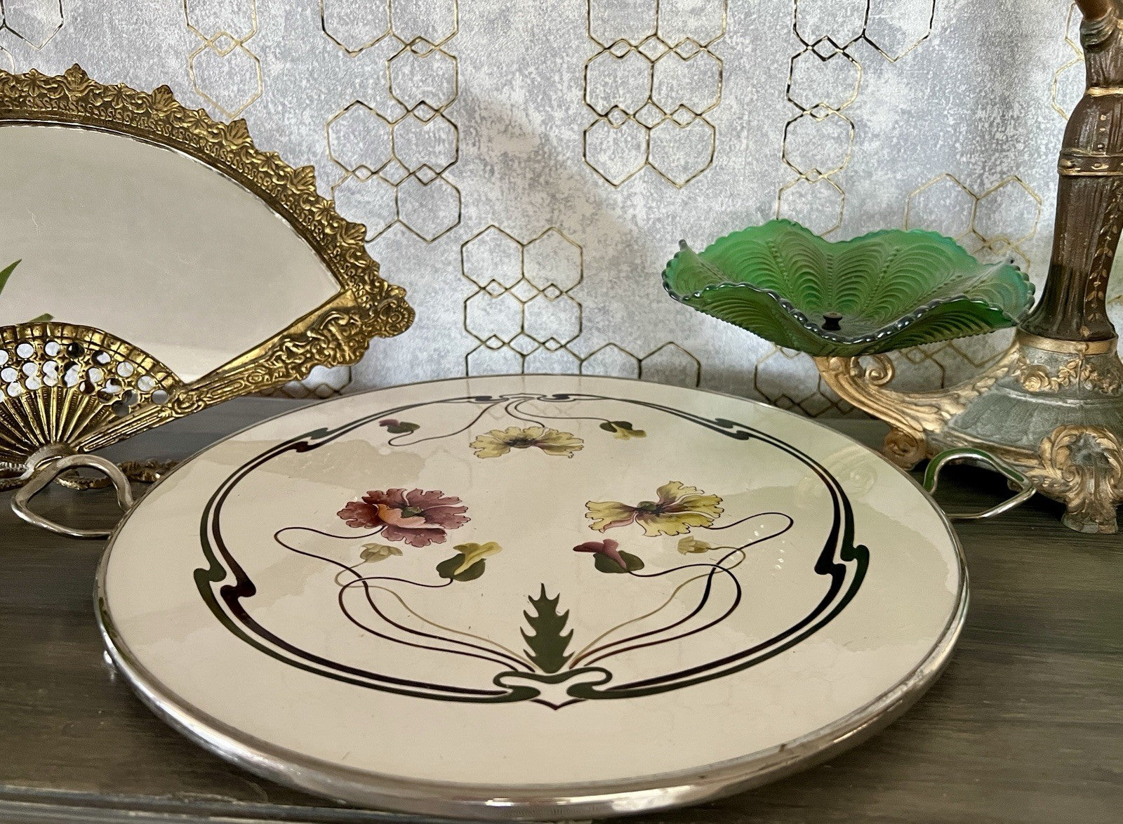 Antik WMF Jugendstil Art Deco Tortenplatte  Metallmontur Porzellan Keramik