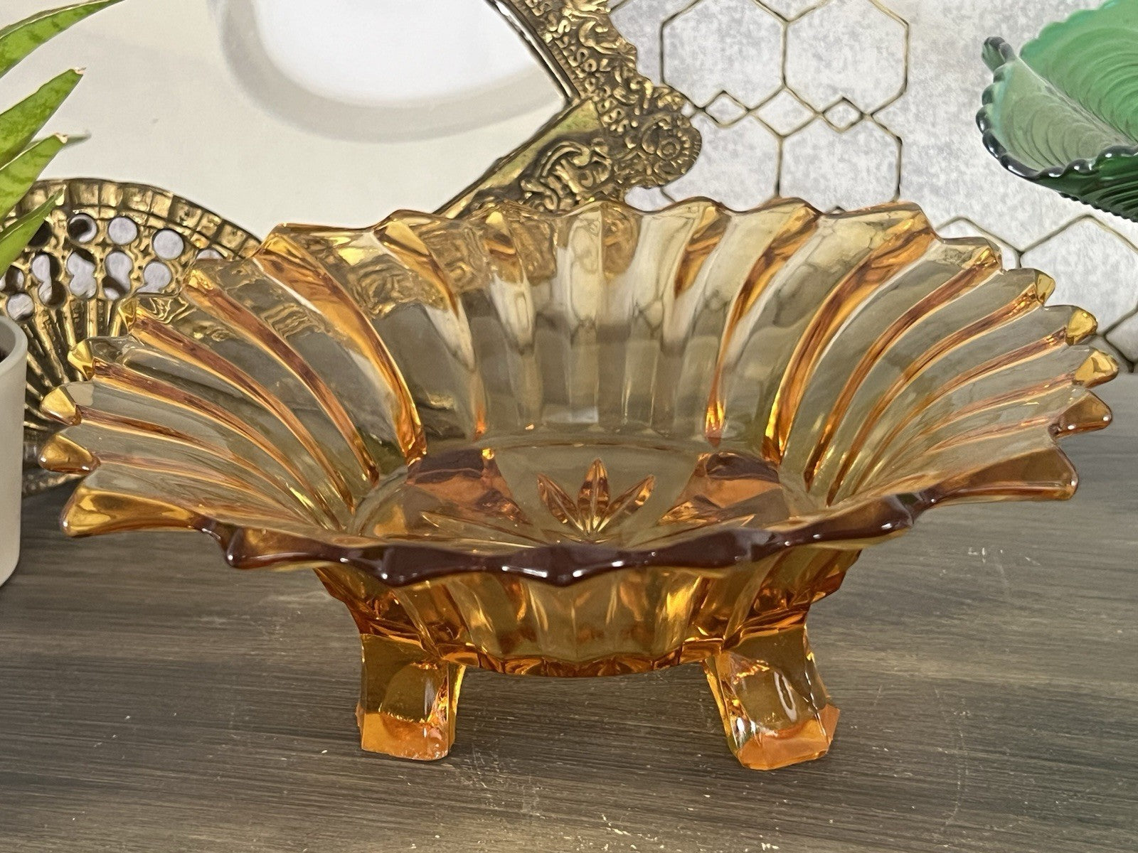 Antik Jardiniere Brockwitz Prismen Bernstein gelb Art Déco Schale Pressglas Glas