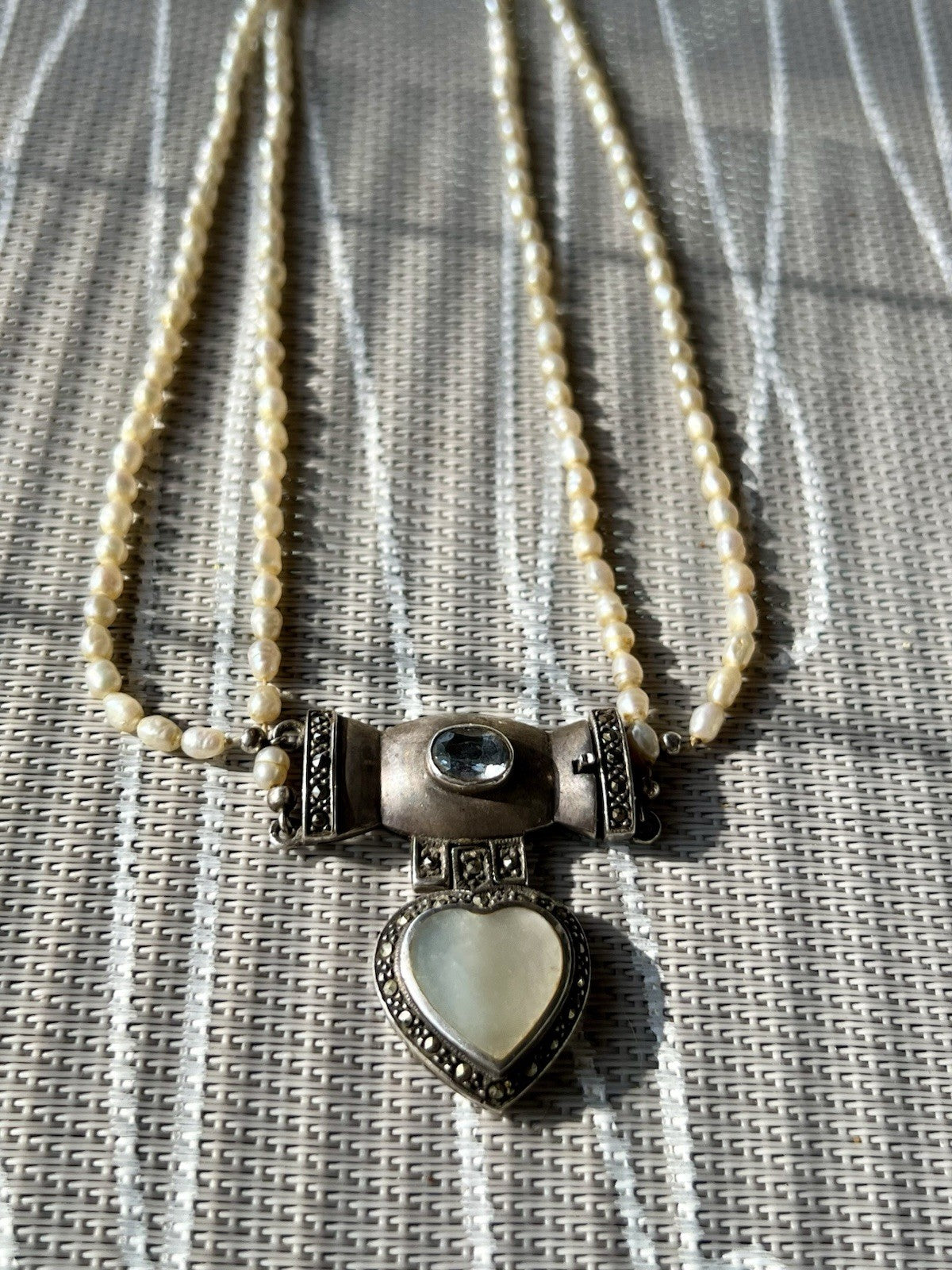 Antik  Jugendstil Silber Collier Perlen Halskette Herz Markasite blauer Stein