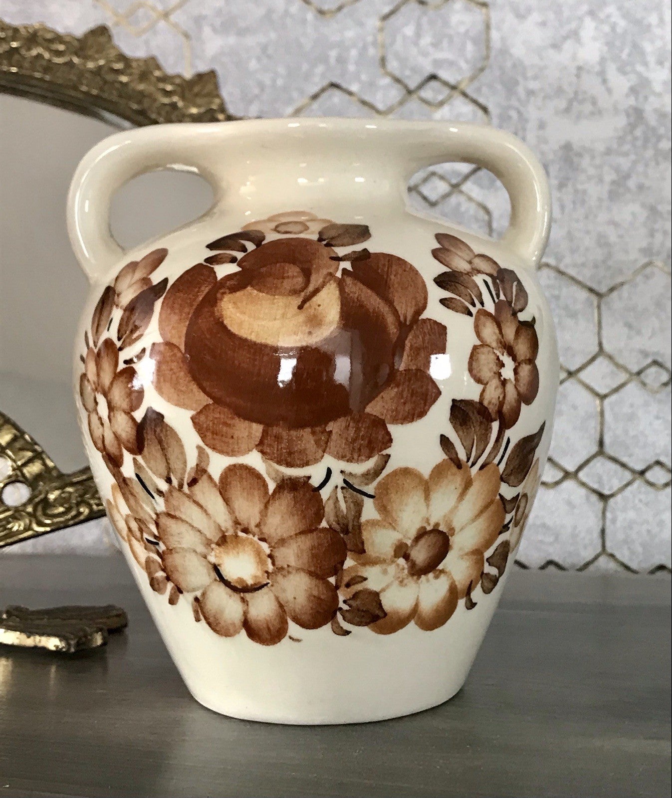 Vintage Fayence Keramik  Vase handbemalt ZF Kolo Polen 50er 60er beige braun