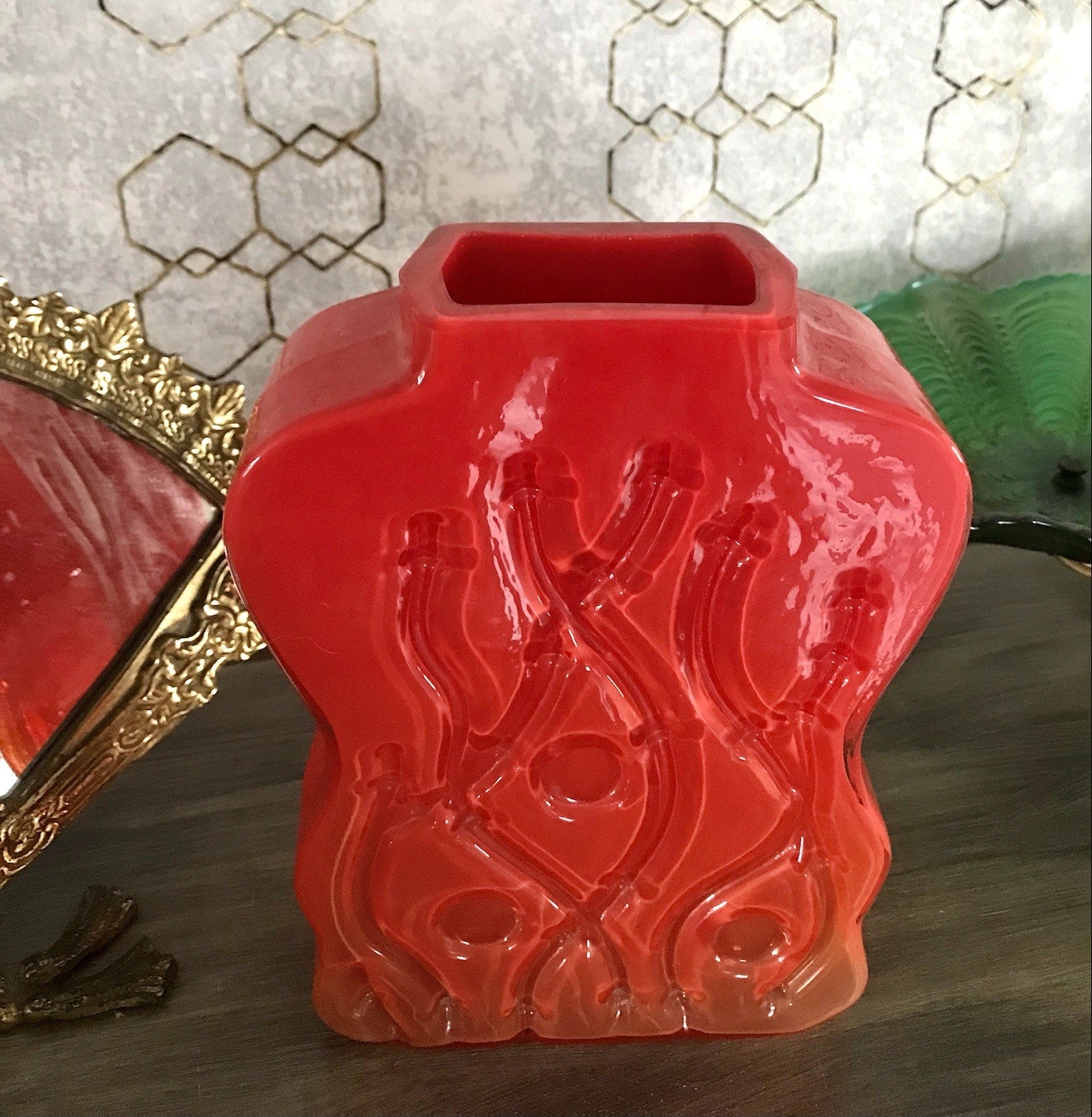 Vintage 70er Design Glasvase Glas Rot Orange Vase Pop Art Hirschberg