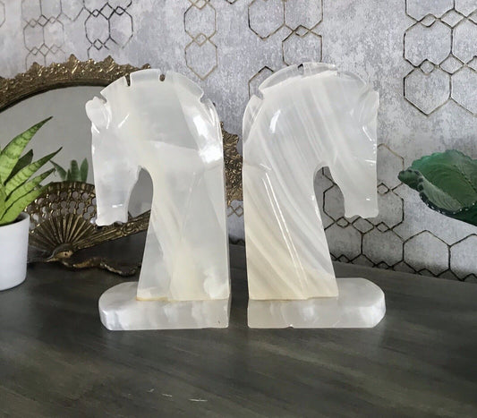 Vintage Alabaster 2 Buchstützen  weißer Onyx wundervoll! 60er 70er