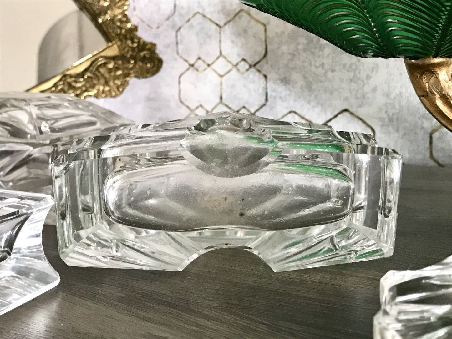 EDEL Art Déco antik 4Teile Kristallglas Frisiertisch  Garnitur Dose Flacon