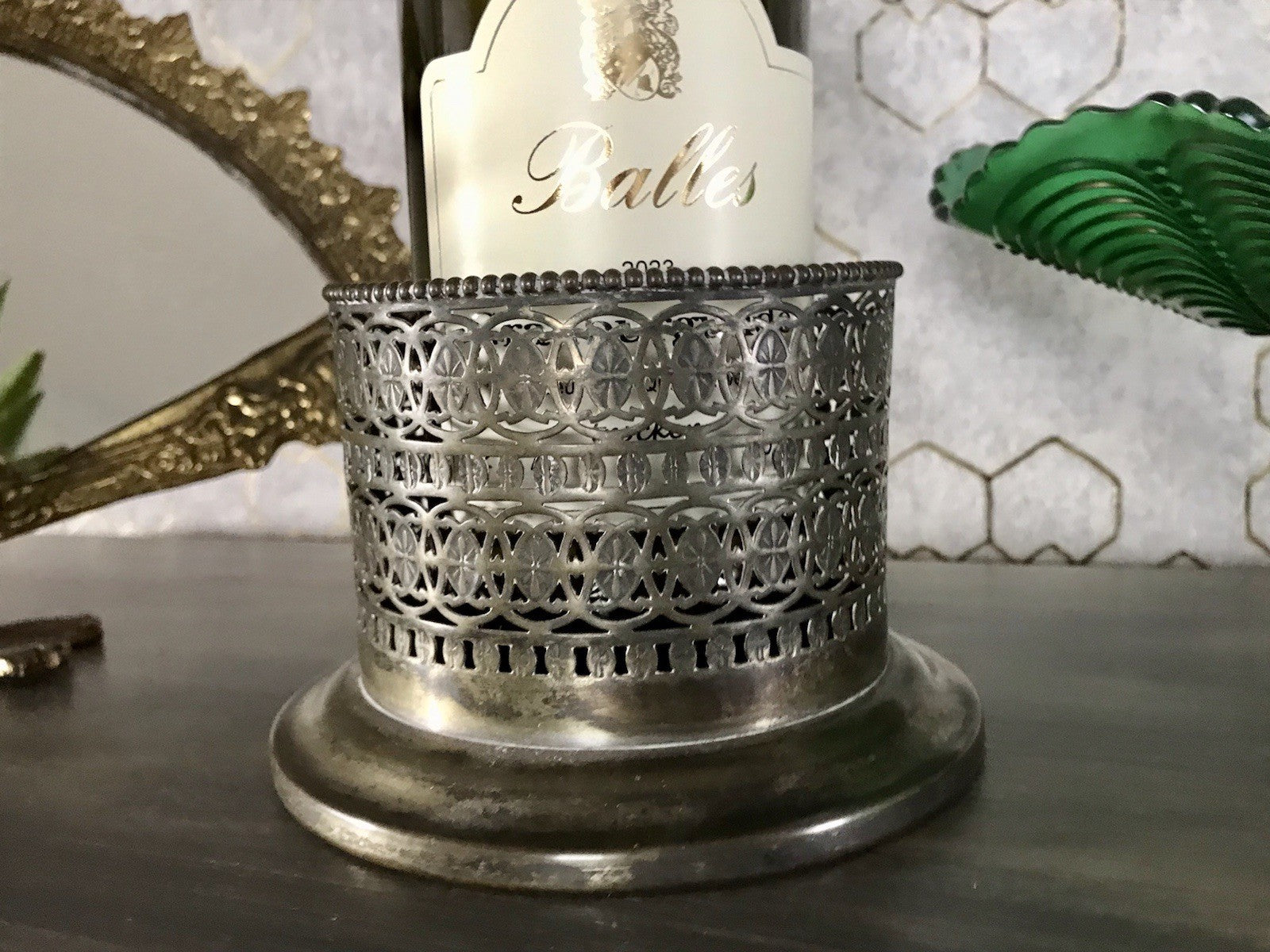 Antik Flaschenhalter Weinflaschenhalter versilbert Jugendstil wunderschön