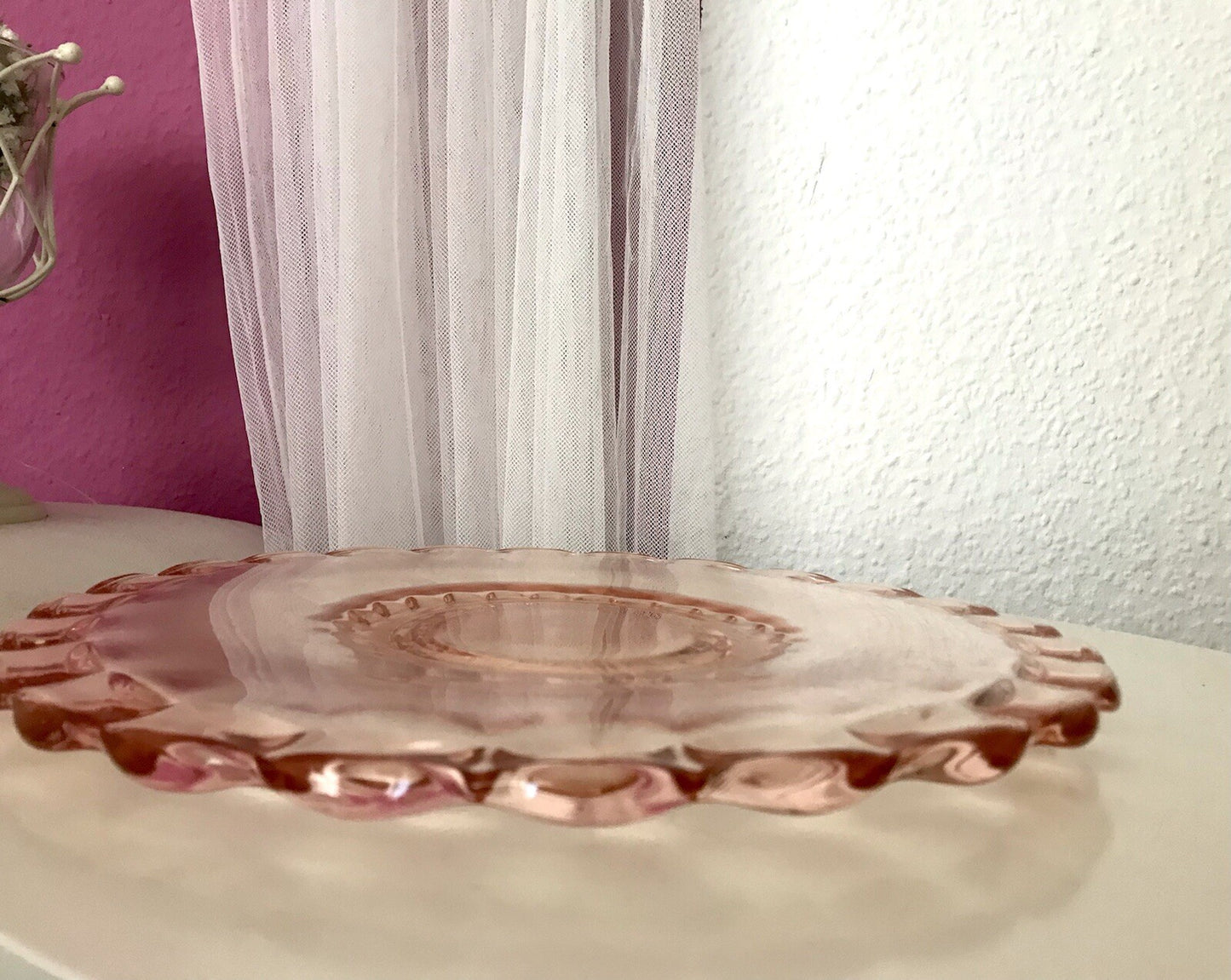 Antik Tortenplatte Tortenständer Rosalin Glas rosa Art Déco Pressglas