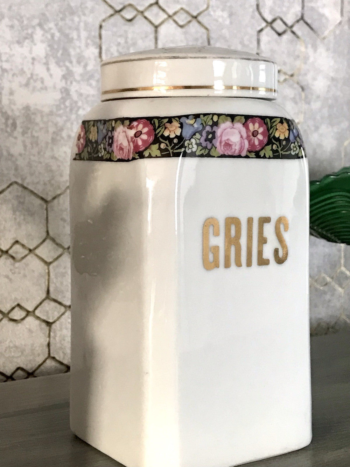 Antik Porzellan Dose Vorratsgefäß Vorratsdose Gries Blumenborte Art Déco