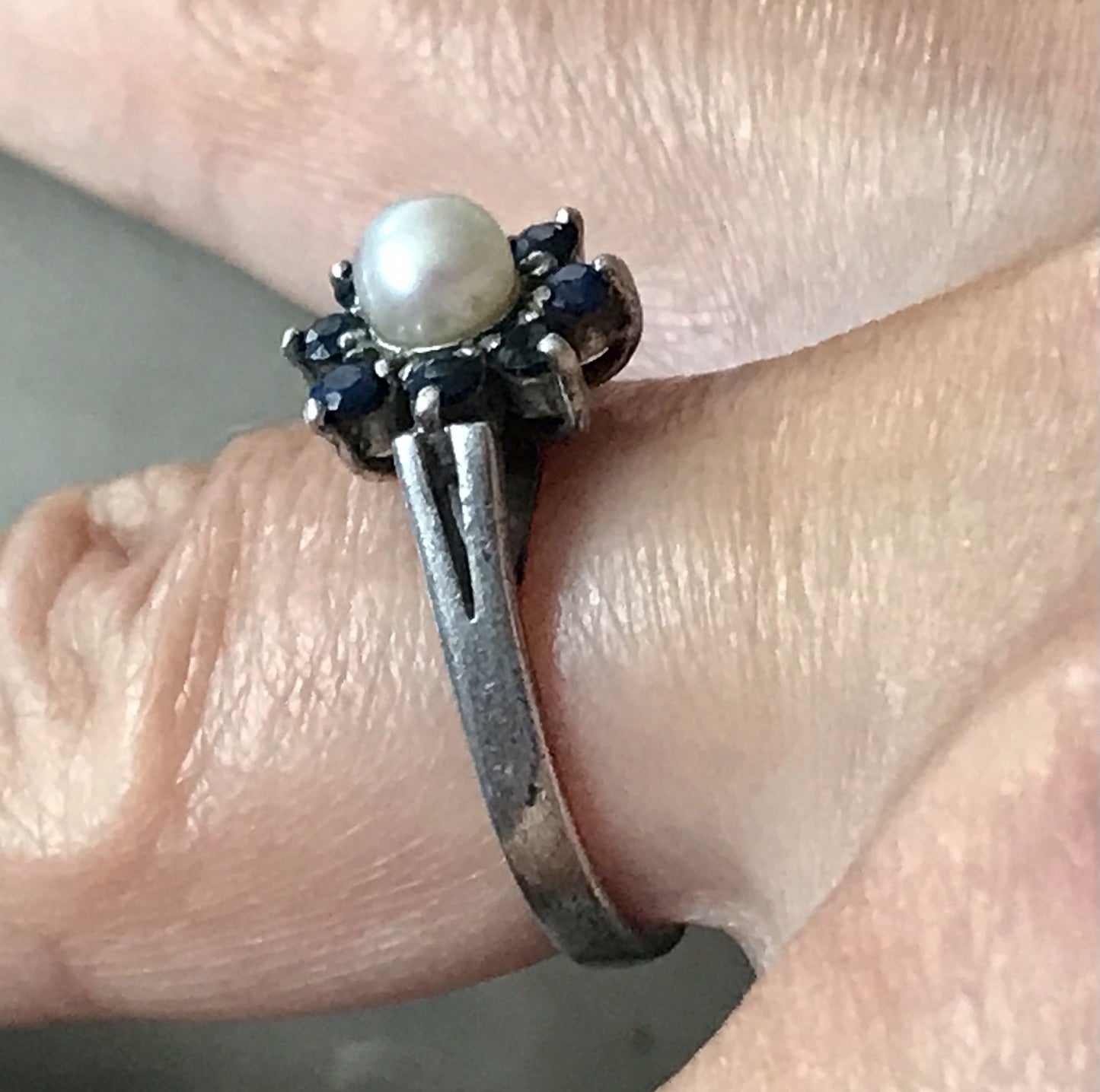 Antik? Vintage Art Déco Damen Ring Perle Spinell ? Saphir? Silber 925 Gr.57 18,1