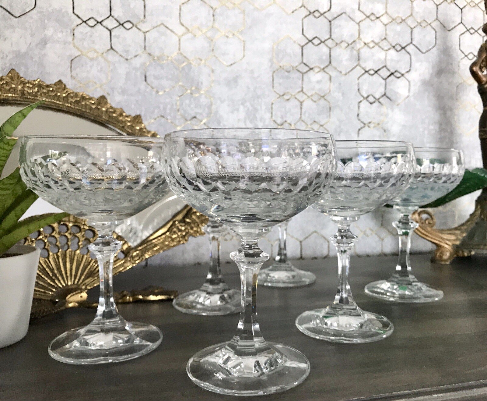 Vintage 8x Champagnerschalen Sektschalen Kristallglas Schliff Bleikristall