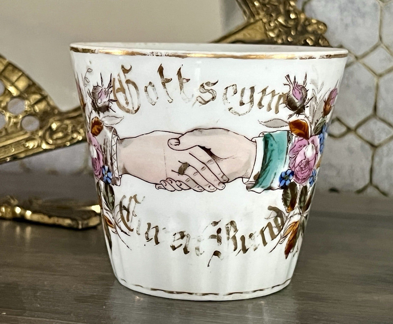 Antik Porzellan Andenken Becher Sammeltasse Tasse Gott segne dieses Bund