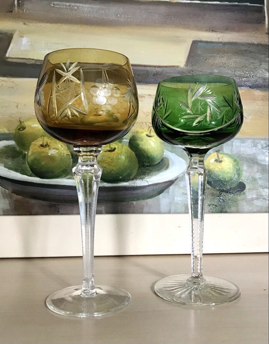 Alt Vintage antik? 2x Weinglas Römer Kristallglas Schliff gelb grün Schliff
