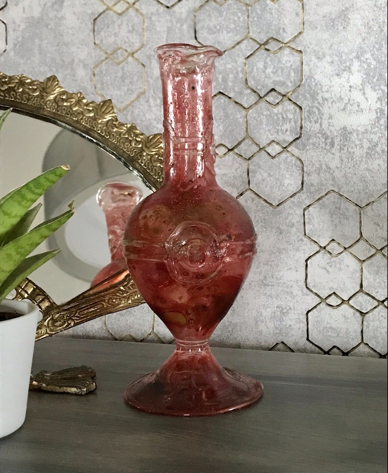 Vintage Pavel Molnār Glas Glaskunst Glasvase rot Faden Aufschmelzungen signiert