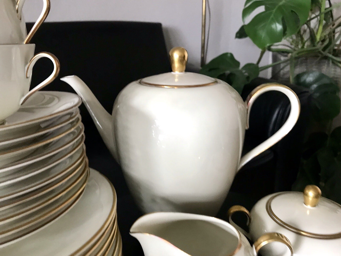 Vintage Art Déco elfenbein Porzellan Kaffeeservice Service 12 Pers. Edelstein