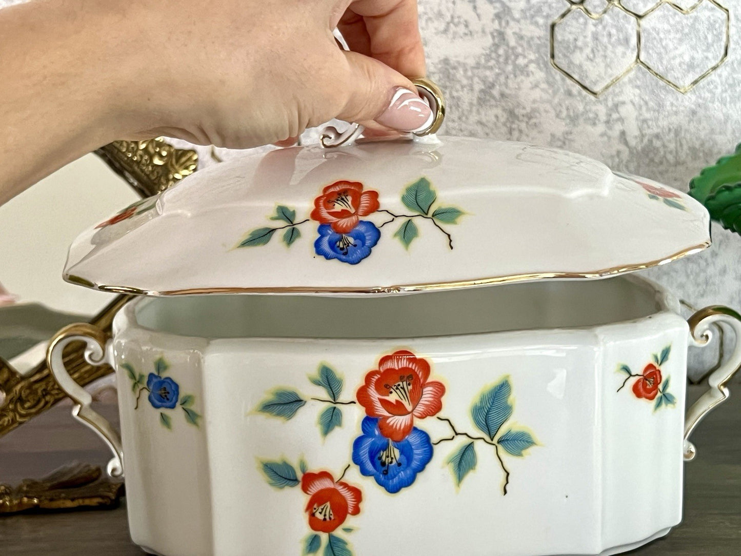 Antik Art Déco Porzellan Dose Deckeldose Schatulle Bonboniere gestempelt R Krone