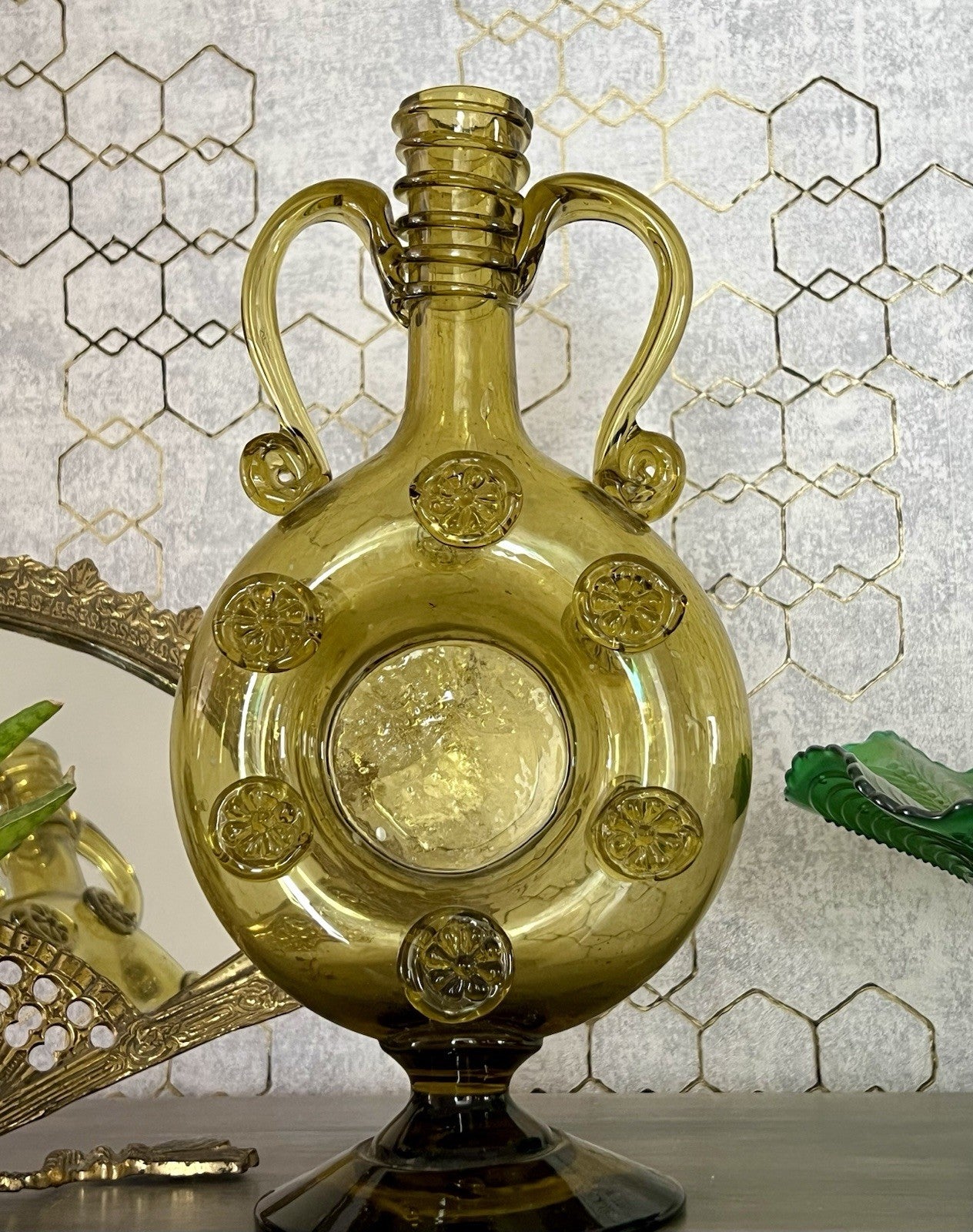 Antik Krug Karaffe Kanne Glas mundgeblasen Waldglas Nuppen FadenAuflagen ~1870