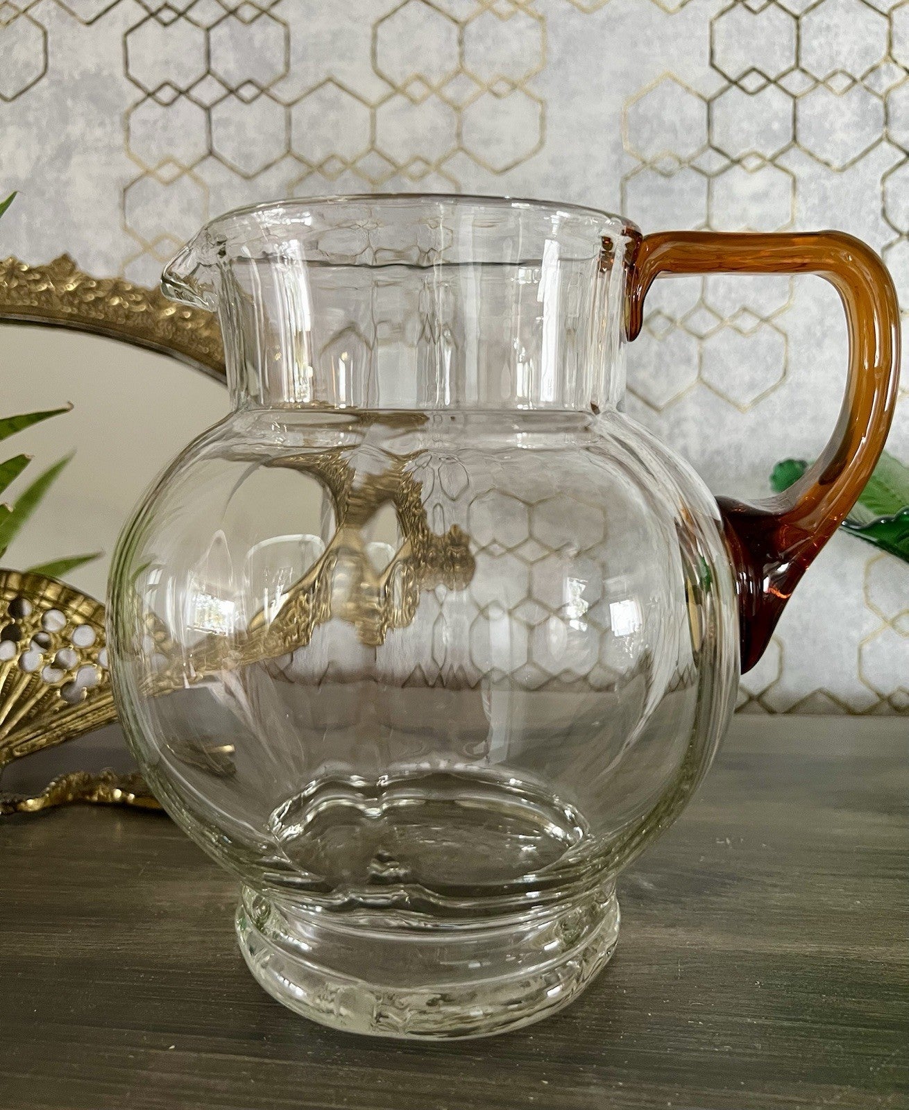 Antik Art Déco Kanne Krug Glaskrug Karaffe Glas mundgeblasen Farblos & gelb
