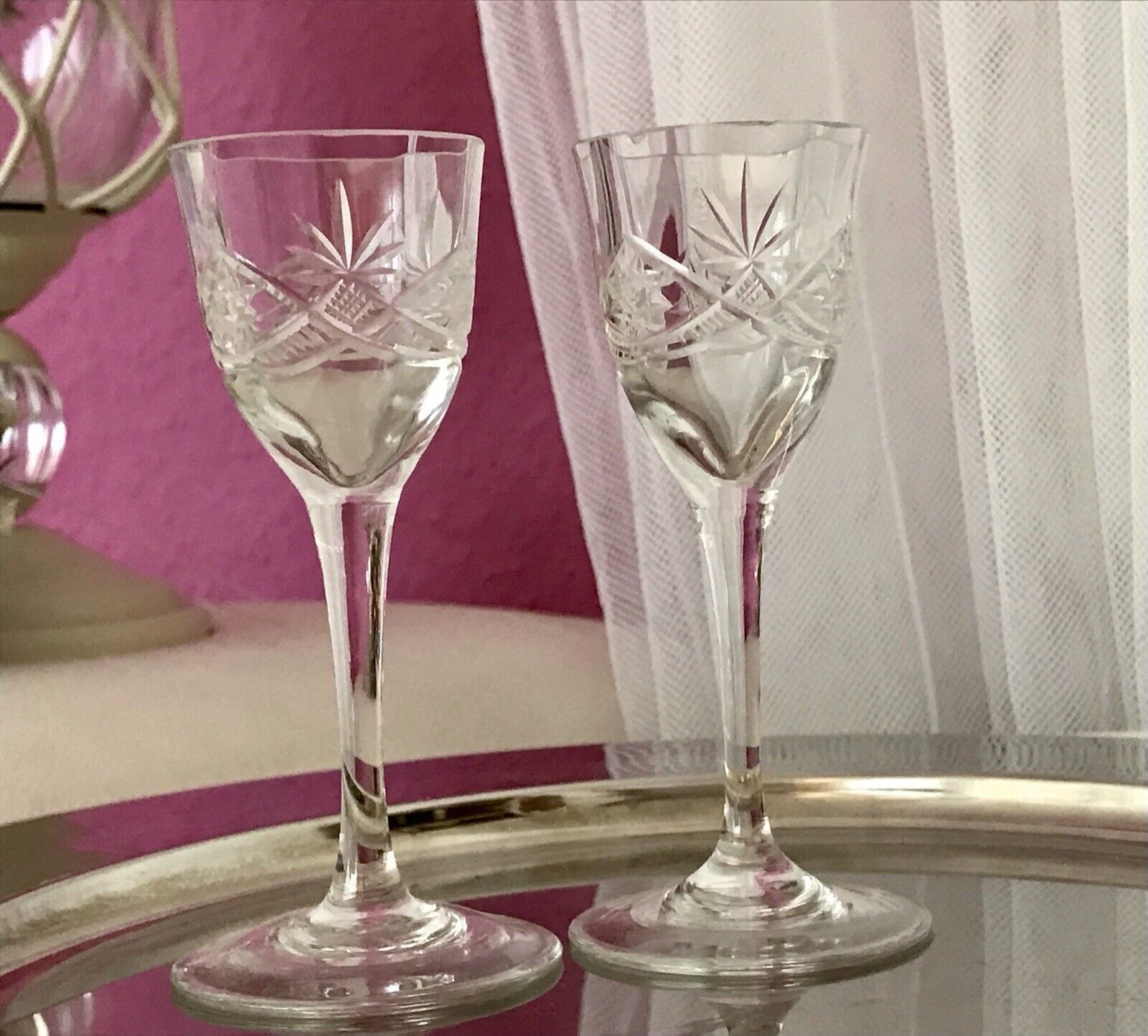 Antik 2 hochstielige Jugendstil Art Déco Likörgläser Kristallglas Schliff EDEL