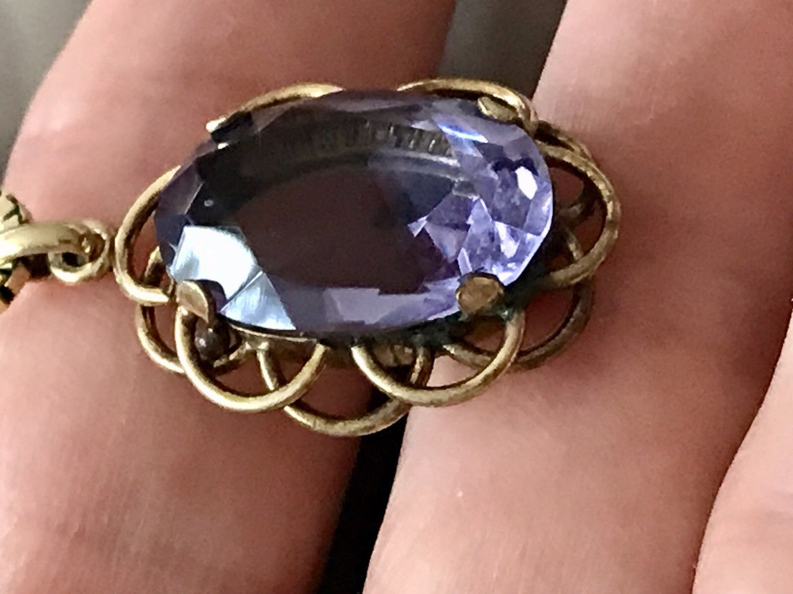 Alt Vintage Edel Kette & Anhänger lila Stein Amethyst? vergoldet Amerik. Doublè