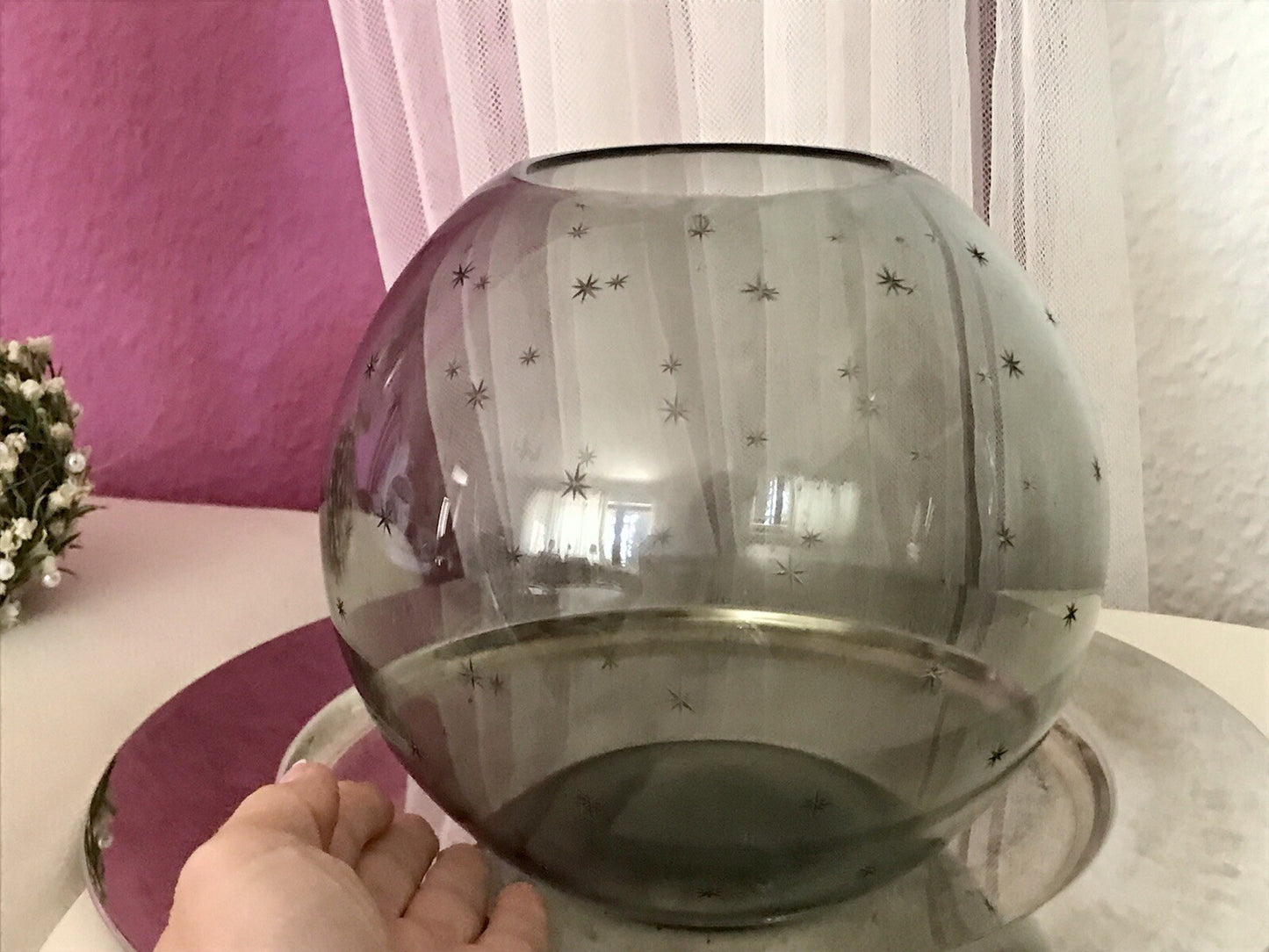 Alt Vintage Glasvase Glas Rauchglas Vase Mid century Kugelvase Grau Sternchen